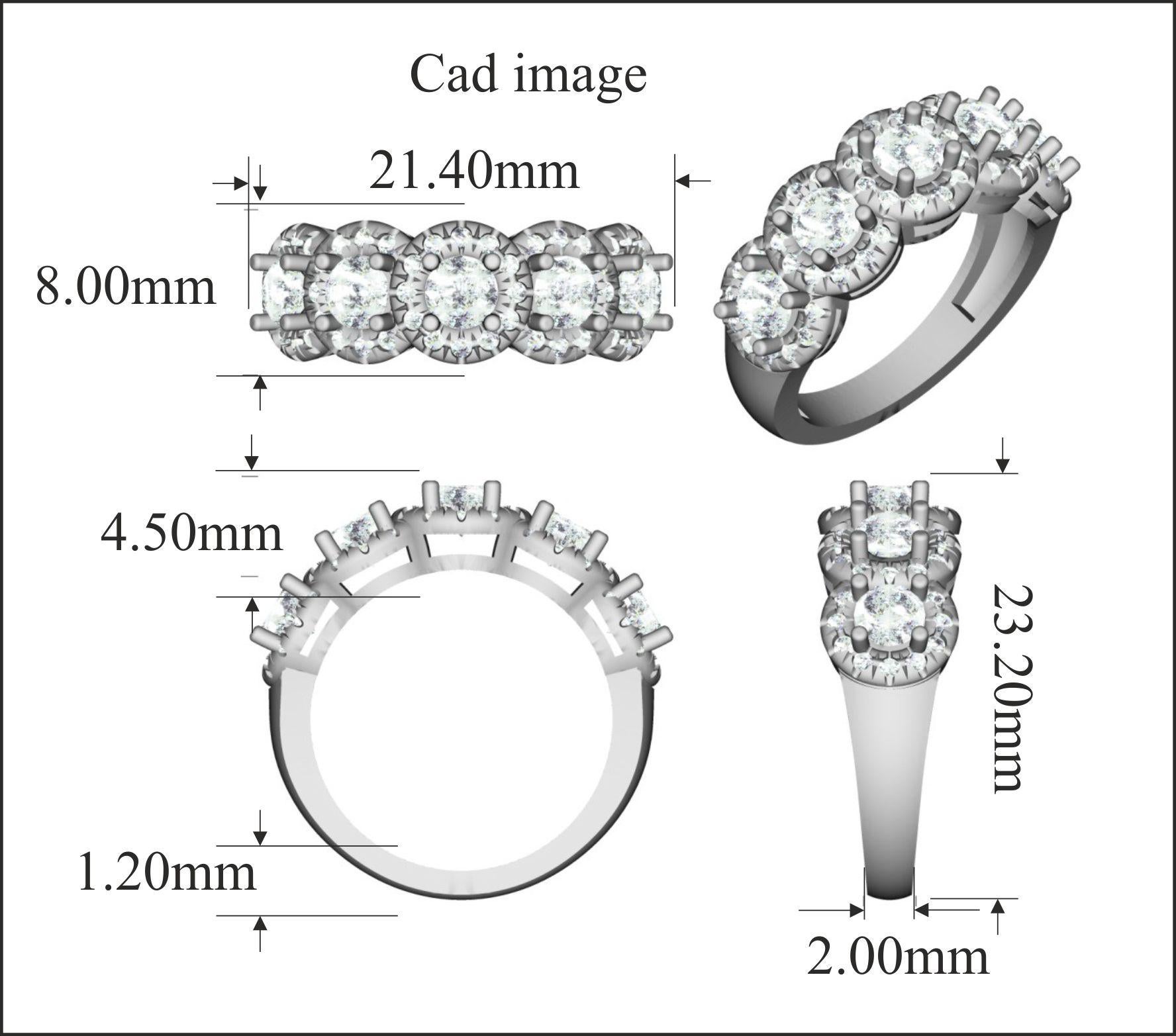 Beautiful Round Natural Diamond five stone ring in 14 karat yellow gold. This ring is beautifully designed and features 53 round diamond set in pave and prong setting. We only use 100% natural and conflict free diamond which shines in H-I Color and