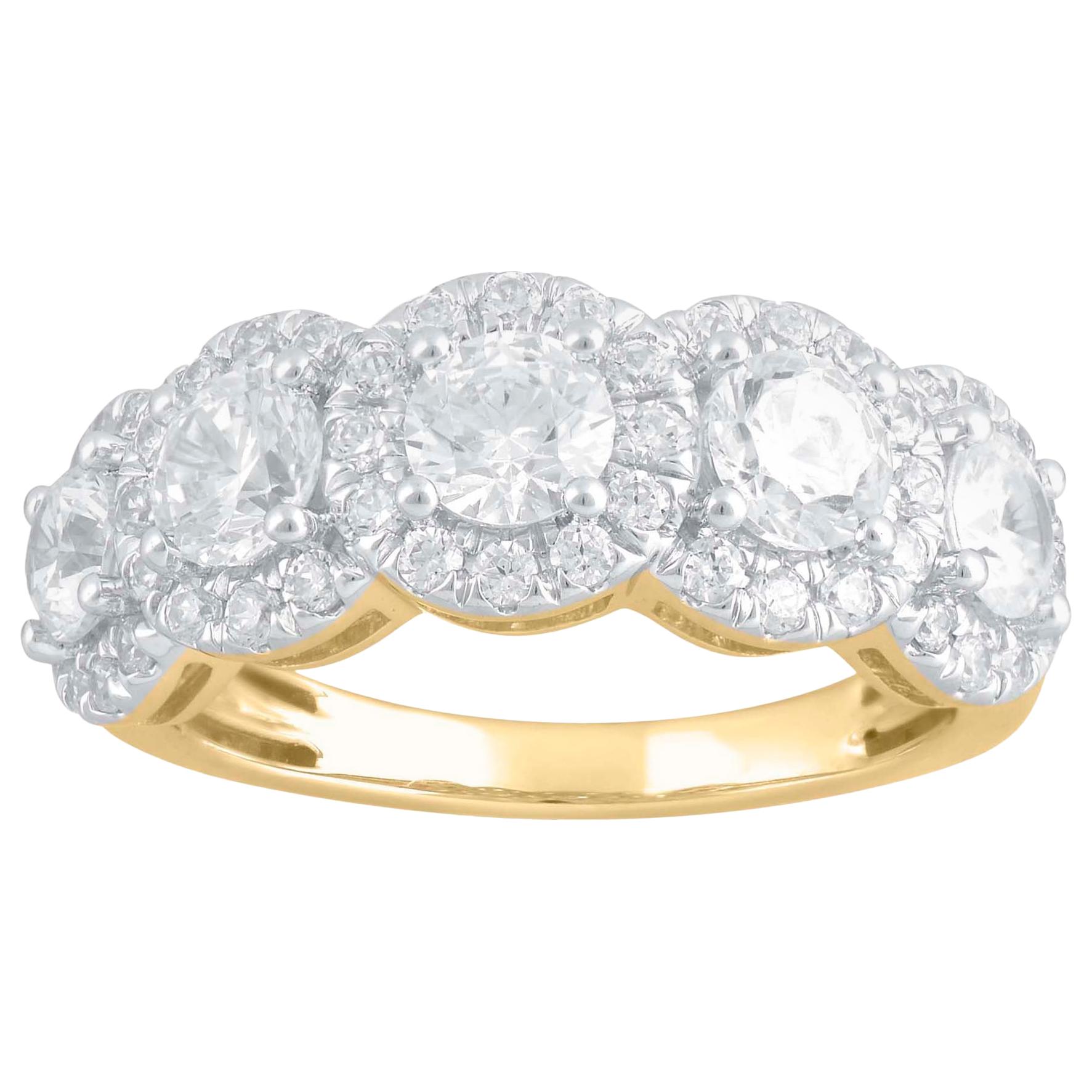 TJD 2.00 Carat Round Diamond 14 Karat Yellow Gold 5 Stone Halo Engagement Ring