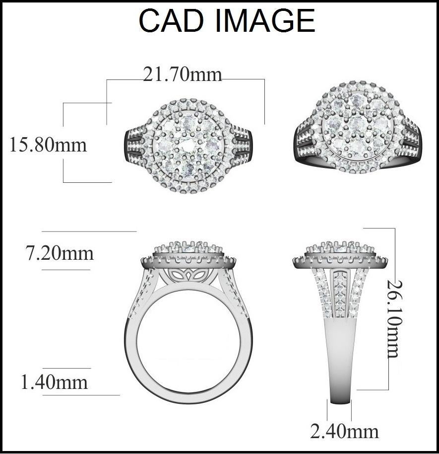 A classic look that compliments any attire, these cluster design diamond engagement ring are a stunning addition to your jewelry box. Studded with 83 round brilliant diamonds set in micro-prong, pave and prong setting, shimmers in H-I color I2