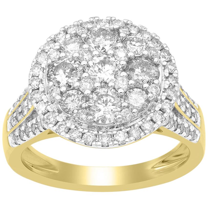 TJD 2.00 Carat Round Diamond 14 Karat Yellow Gold Composite Halo Engagement Ring