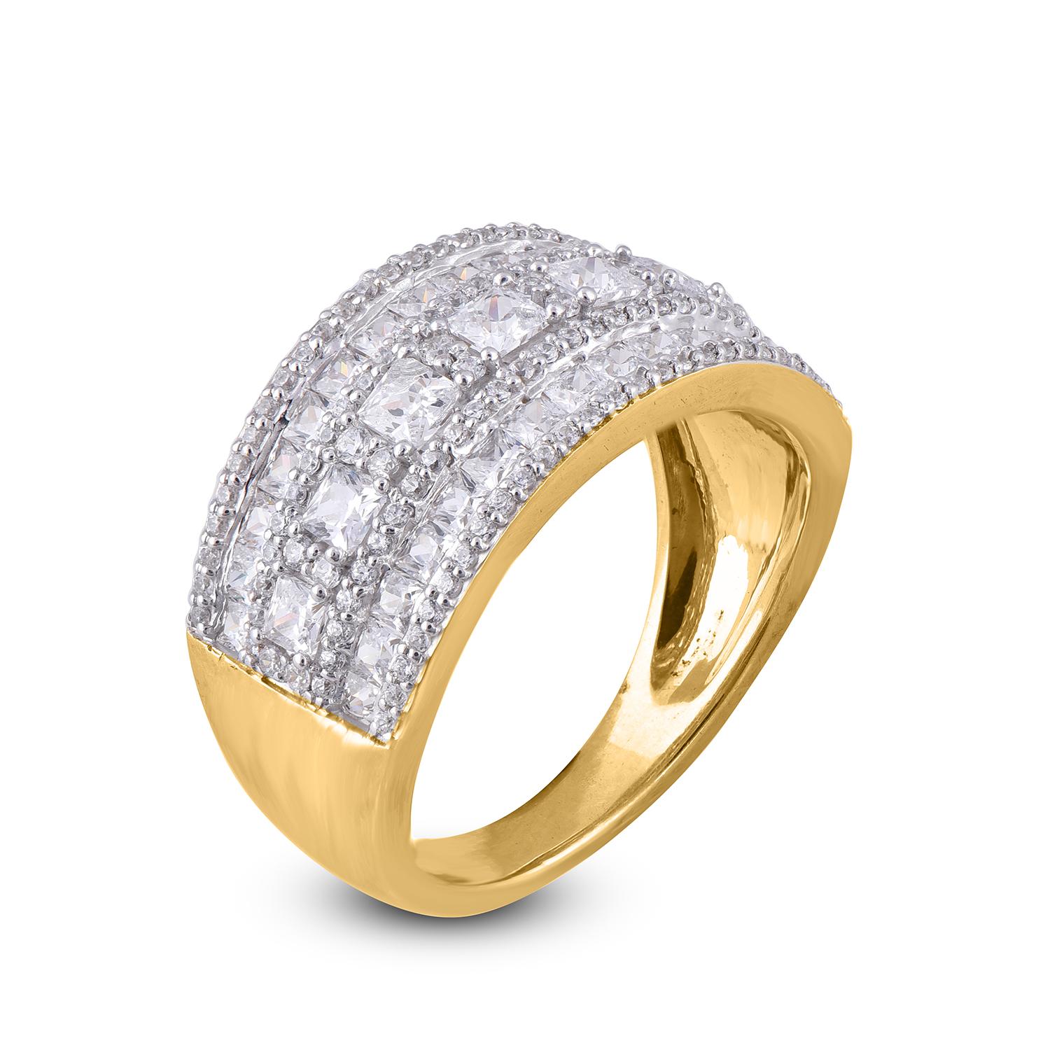 Exquisite 14 Karat Yellow gold wedding band featuring 124 white diamonds and 37 princess cut diamond. This ring is superbly detailed to perfection and set with 2.00 carat of sparkling round diamonds in secured channel and prong setting. The diamonds
