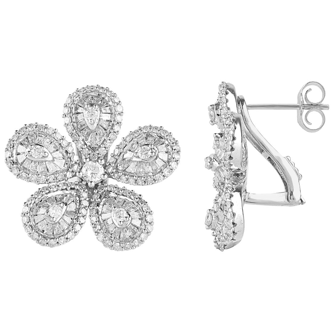 TJD 2.00 Carat Round & Baguette Diamond 14 Karat White Gold Floral Stud Earrings For Sale