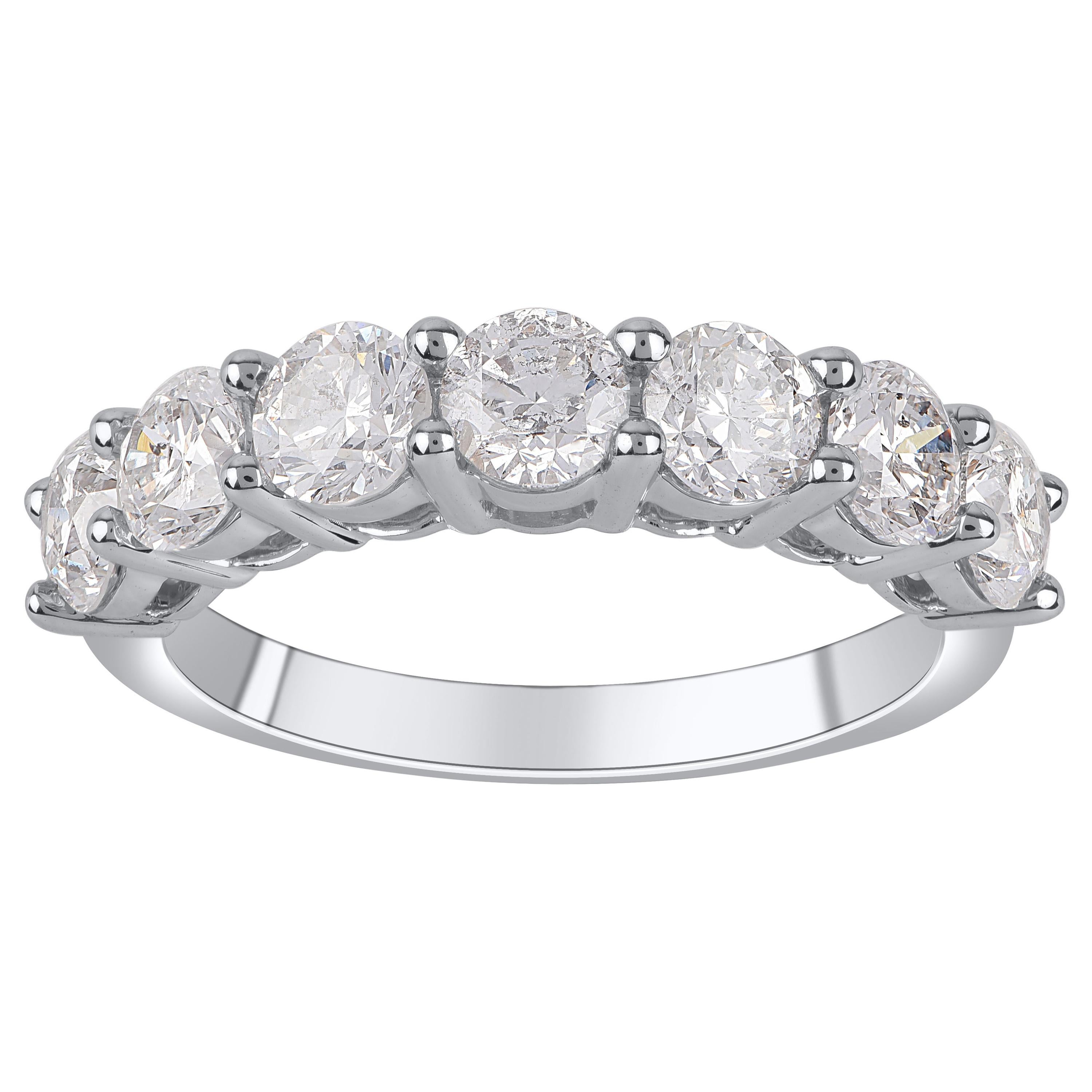 TJD, bague d'anniversaire de mariage en or blanc 14 carats avec 7 pierres rondes de 2,00 carats