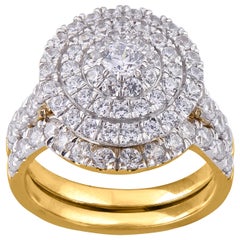 TJD 2.00Carat Round Diamond 14K Yellow Gold Double Frame Cluster Bridal Ring Set