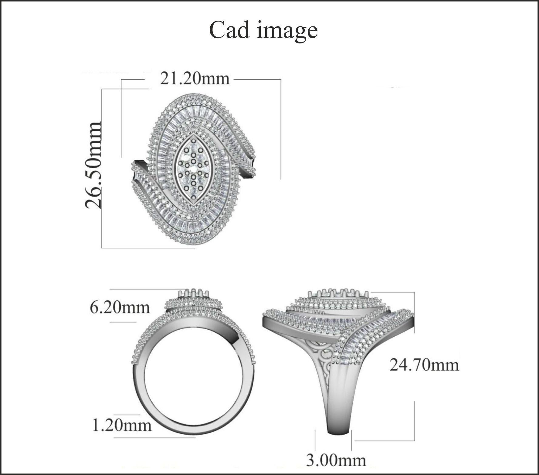 Exquisite 14K white gold engagement band ring featuring design jeweled with 275 round and 58 baguette cut  white diamonds. This ring is superbly detailed to perfection and set with 2.0 carat of sparkling brilliant cut round diamonds in secured