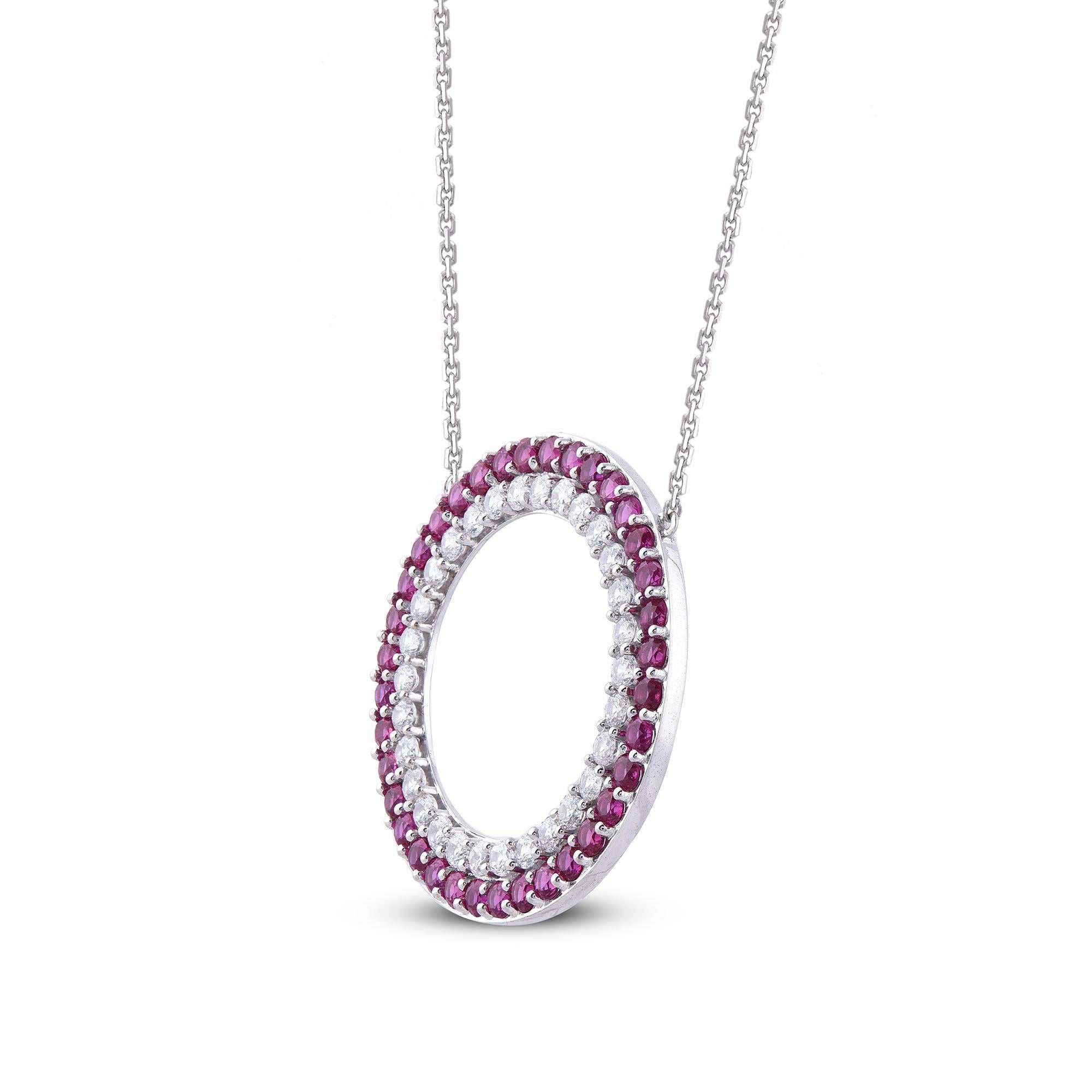 A striking addition when worn on its own, this diamond pendant makes a stunning impression. The pendant is crafted from 14 karat white gold and features 30 white diamond and 36 ruby gemstone set in prong set, H-I color I2 clarity and a high polish