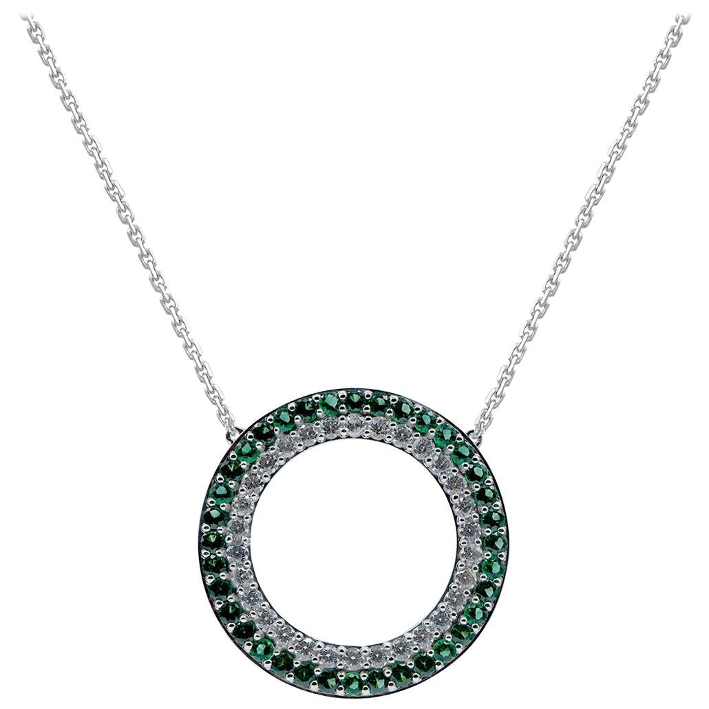 TJD 2.10 Carat Nat. Emerald and Round Diamond 14K White Gold Open Circle Pendant For Sale