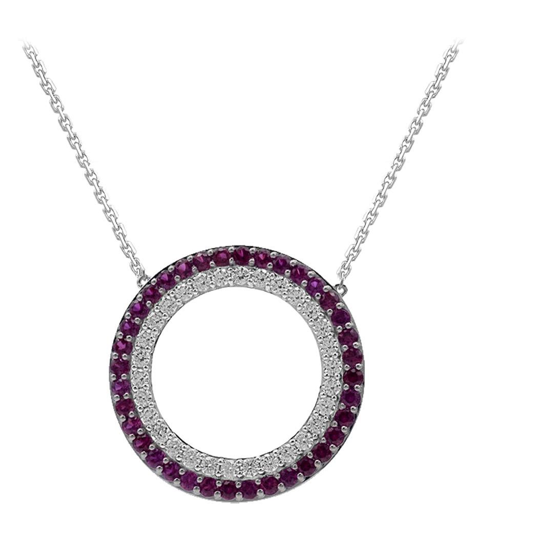 TJD 2.10 Carat Natural Ruby and Round Diamond 14K White Gold Open Circle Pendant For Sale