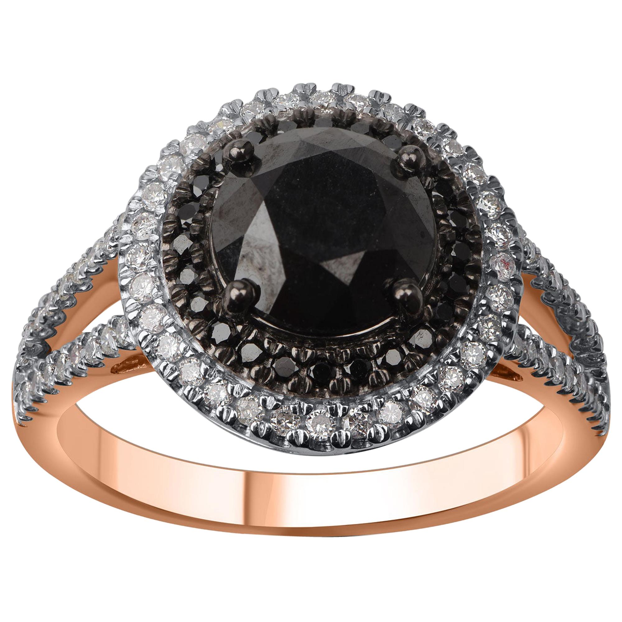 14 K Roségold Ring mit geteilter Schiene, TJD 2,45 Karat weißer und behandelter schwarzer Diamant