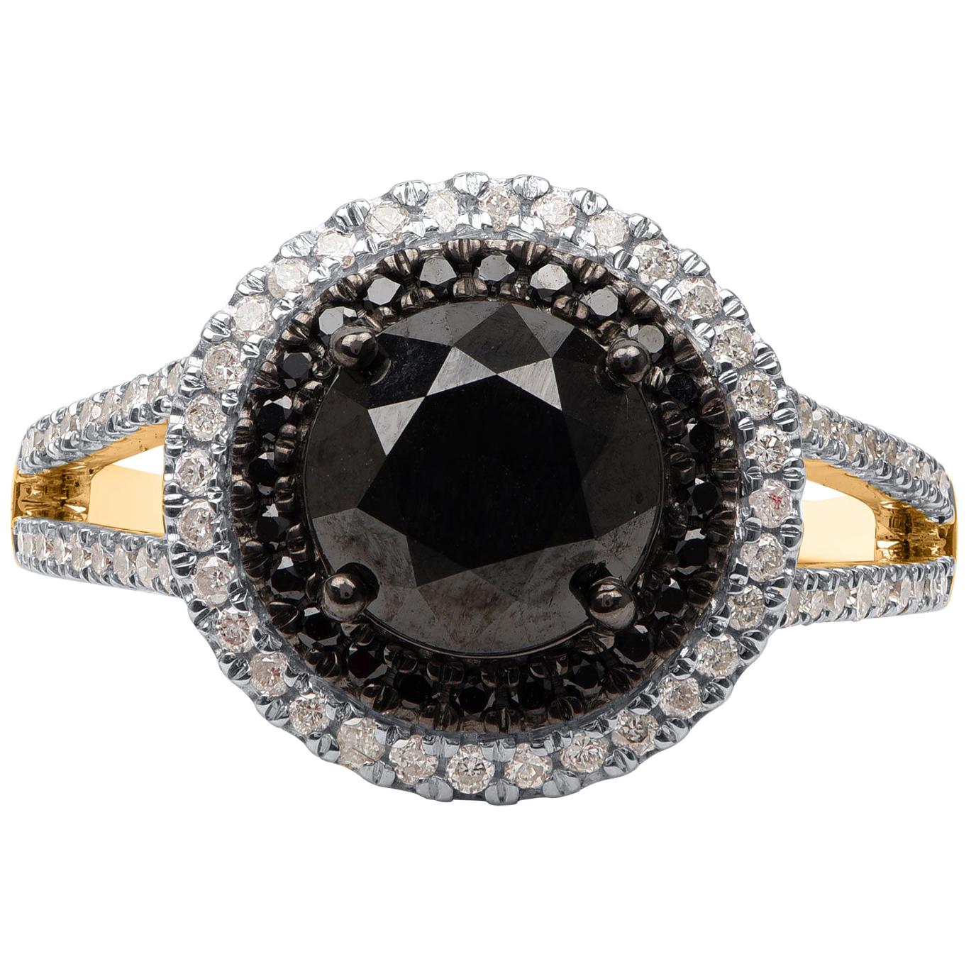 TJD 2.45 Carat White and Treated Black Diamond 14 K Yellow Gold Split Shank Ring For Sale