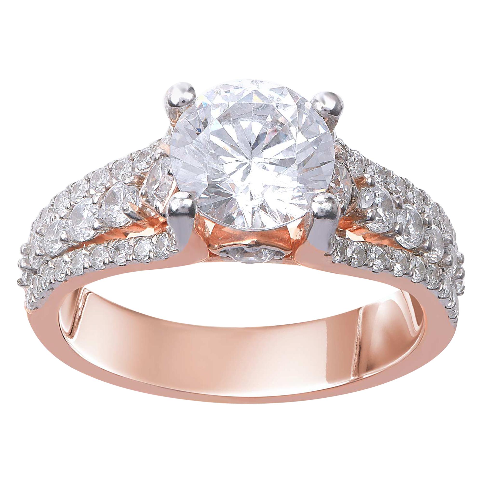 Bague de fiançailles classique éblouissante en or rose 18 carats avec diamants de 2,50 carats TJD en vente