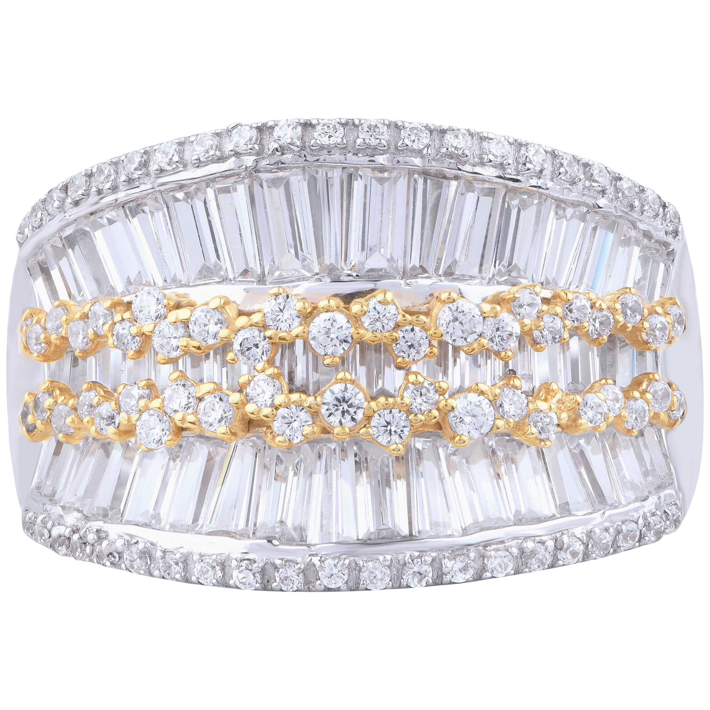 TJD 2.50 Carat Round and Baguette Diamond 18 K Two Tone Gold Wide Wedding Band