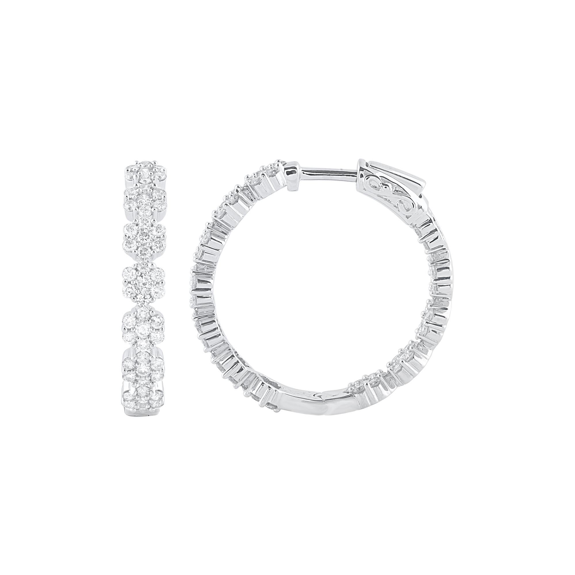 Brighten up your look and your day with these charming diamond hoop earrings. Crafted in 14 Karat white gold with 168 brilliant cut diamond in prong setting. Total diamond weight is 2.50 carat. These earrings secure with hinged back. The white