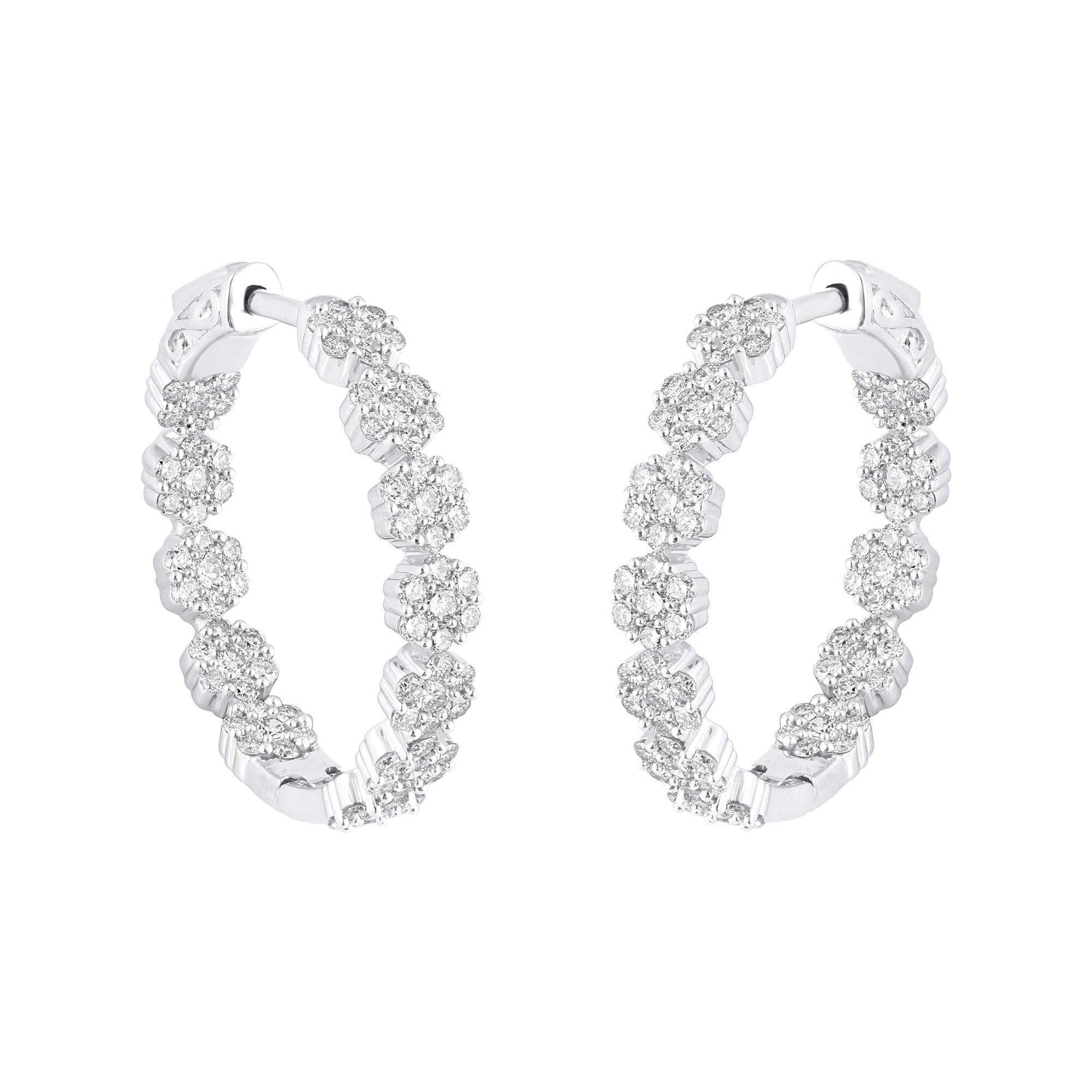 Contemporary TJD 2.50 Carat Brilliant Cut Diamond 14 Karat White Gold Flower Hoop Earrings For Sale