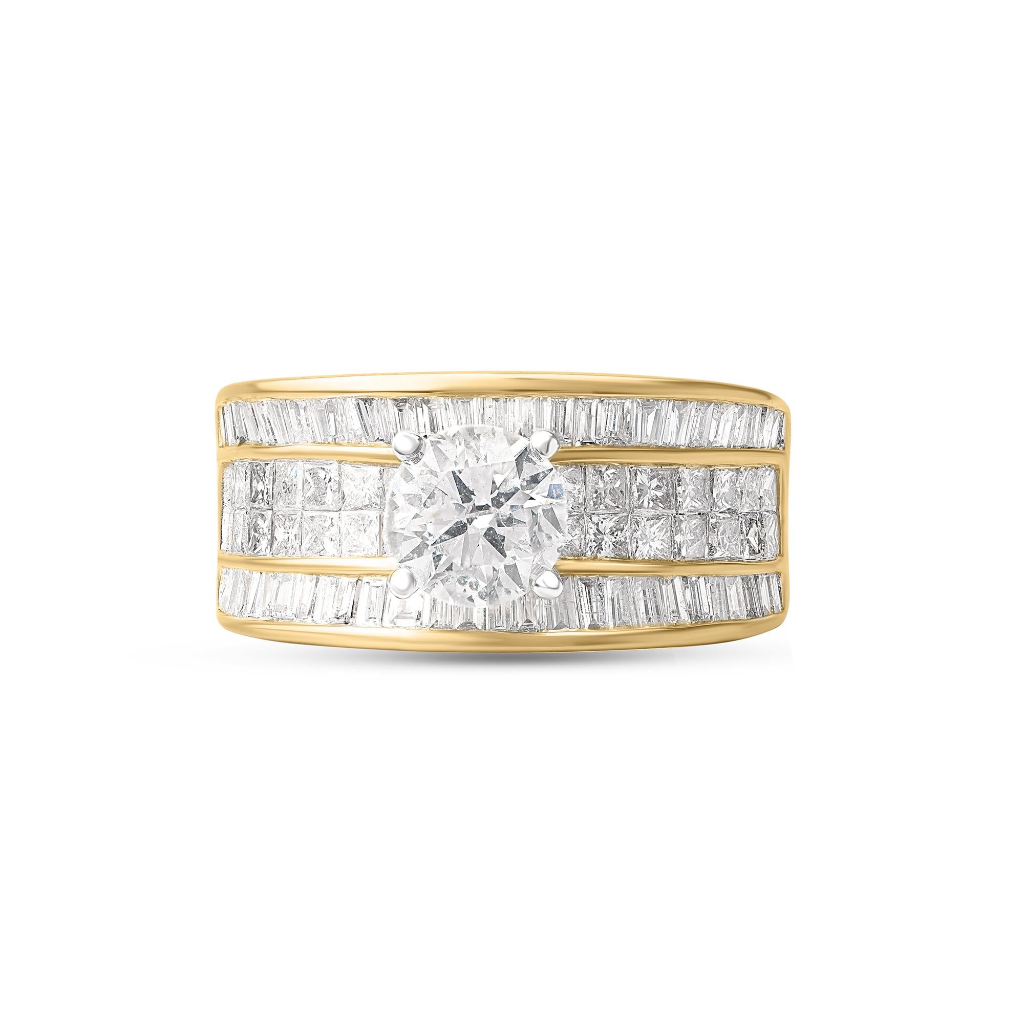 Featuring one brilliant cut center stone, 48 baguette and 28 princess-cut diamonds elegantly set in invisible and channel setting - created by our in-house experts in 18-karat yellow gold. Diamonds are graded H-I Color, I1 Clarity.  

Metal color