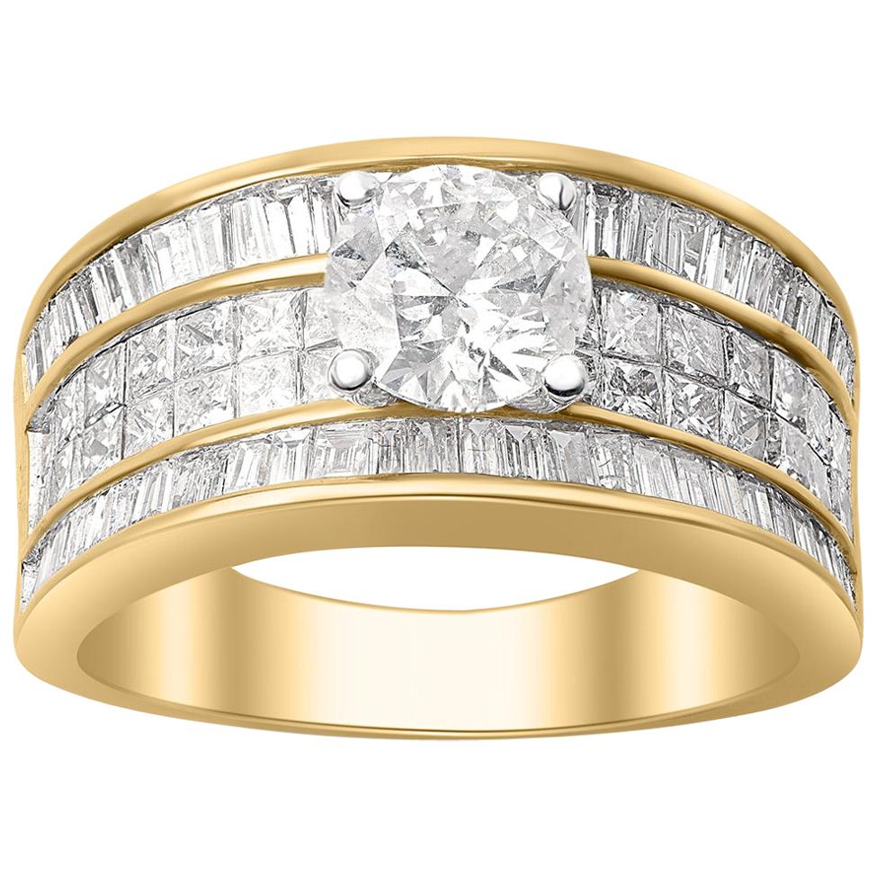 TJD 2.50 CT Round, Princess and Baguette Diamond 18 K Yellow Gold Multi Row Ring