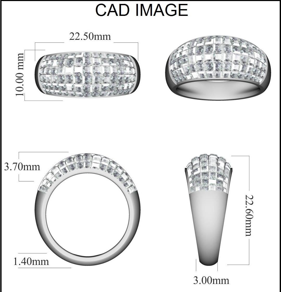 Truly exquisite, this wide wedding band is sure to be admired for the inherent classic beauty and elegance within its design. The total weight of diamonds 2.50 carat, H-I color, I2 Clarity and studded with 90 princess cut diamond set in invisible