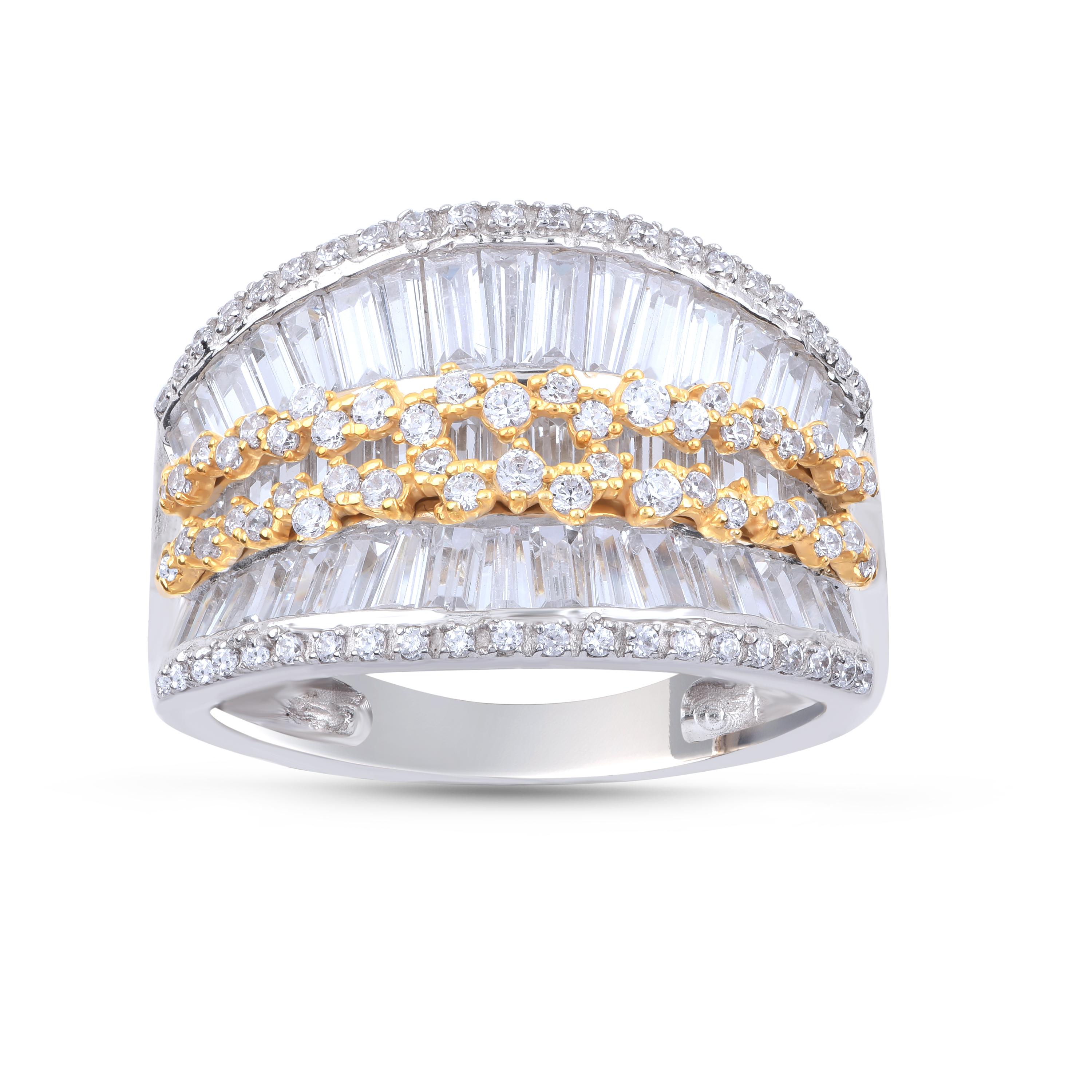 Beautifully crafted by our in-house craftsmen in 18 KT two-toned Gold and embellished by 88 brilliant and 55 baguette diamond in prong and channel setting. Diamonds are graded H-I Color, I2 Clarity. 