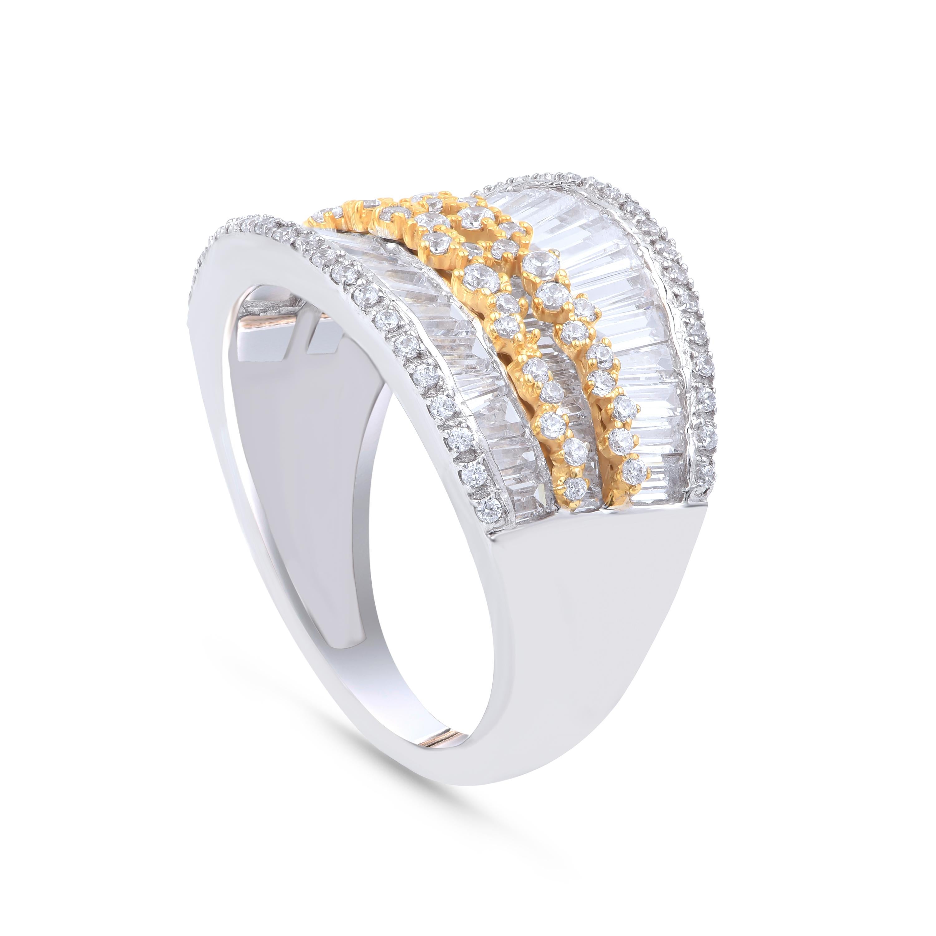 Modern TJD 2.50 Carat Round and Baguette Diamond 18KT Two Tone Gold Wide Wedding Band For Sale