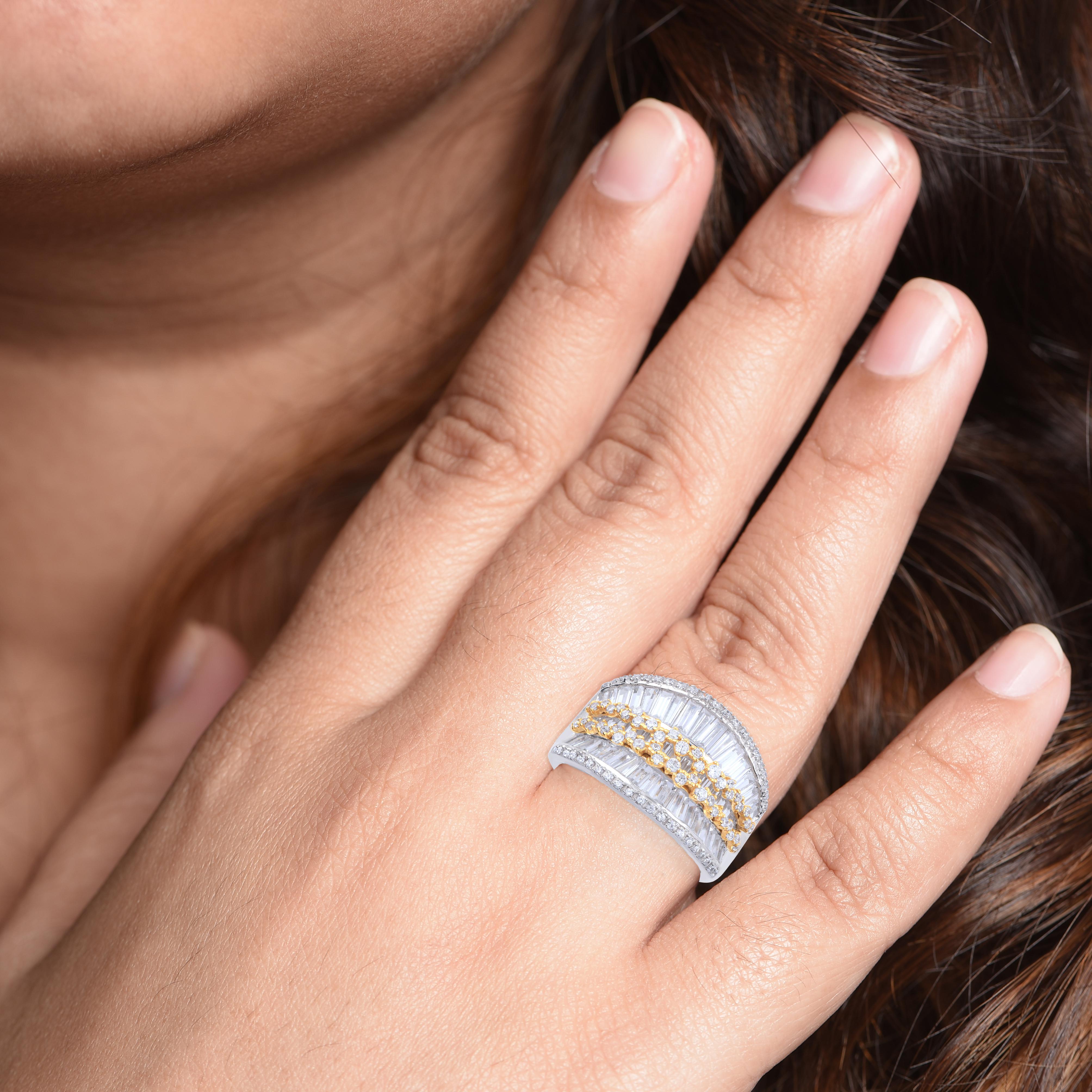 Round Cut TJD 2.50 Carat Round and Baguette Diamond 18KT Two Tone Gold Wide Wedding Band For Sale
