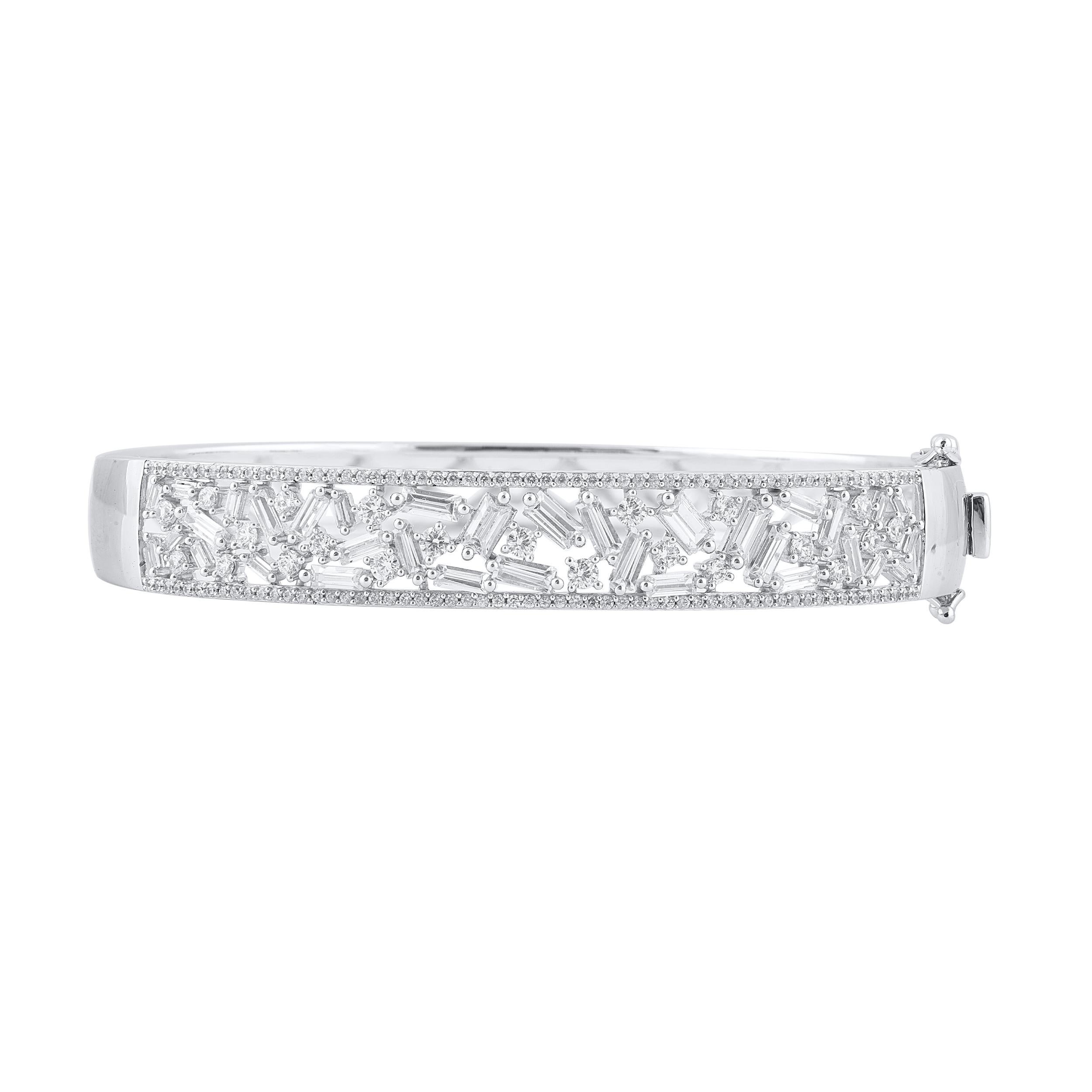 Make that special occasion even more special with this glistening diamond bangle bracelet. This Shimmering bangle bracelet features 172 natural round single cut, brilliant cut & baguette diamonds in prong setting and crafted in 14kt white gold.