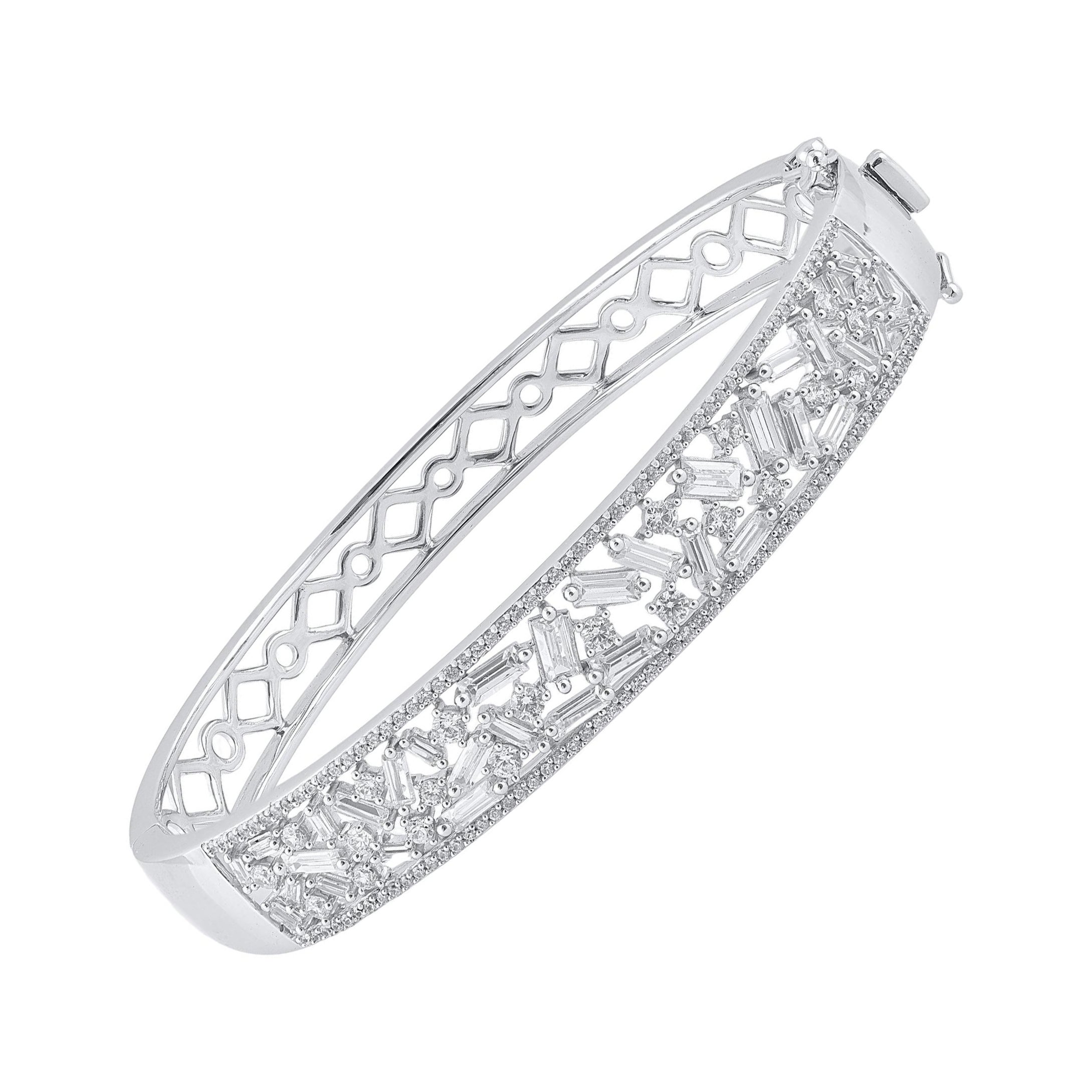 TJD 2.50 Carat Round Baguette Cut Diamond Bangle Bracelet in 14KT White Gold