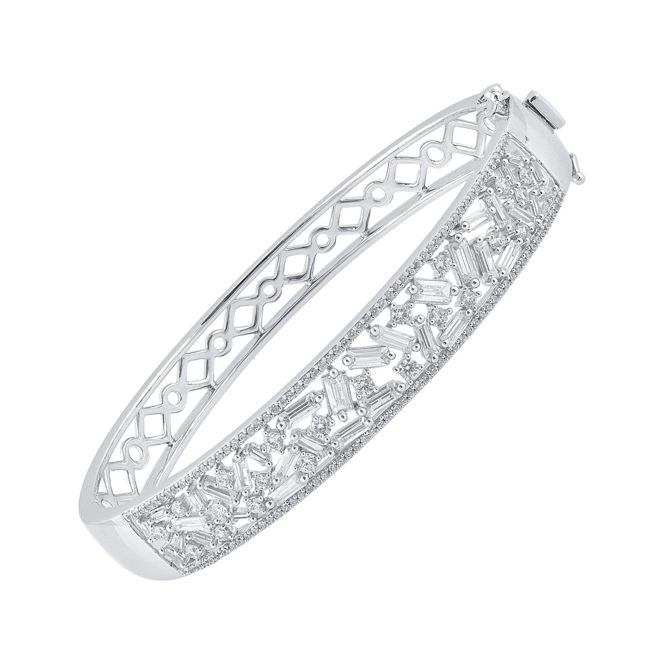 TJD 2.50 Carat Round Baguette Cut Diamond Bangle Bracelet in 18KT White Gold