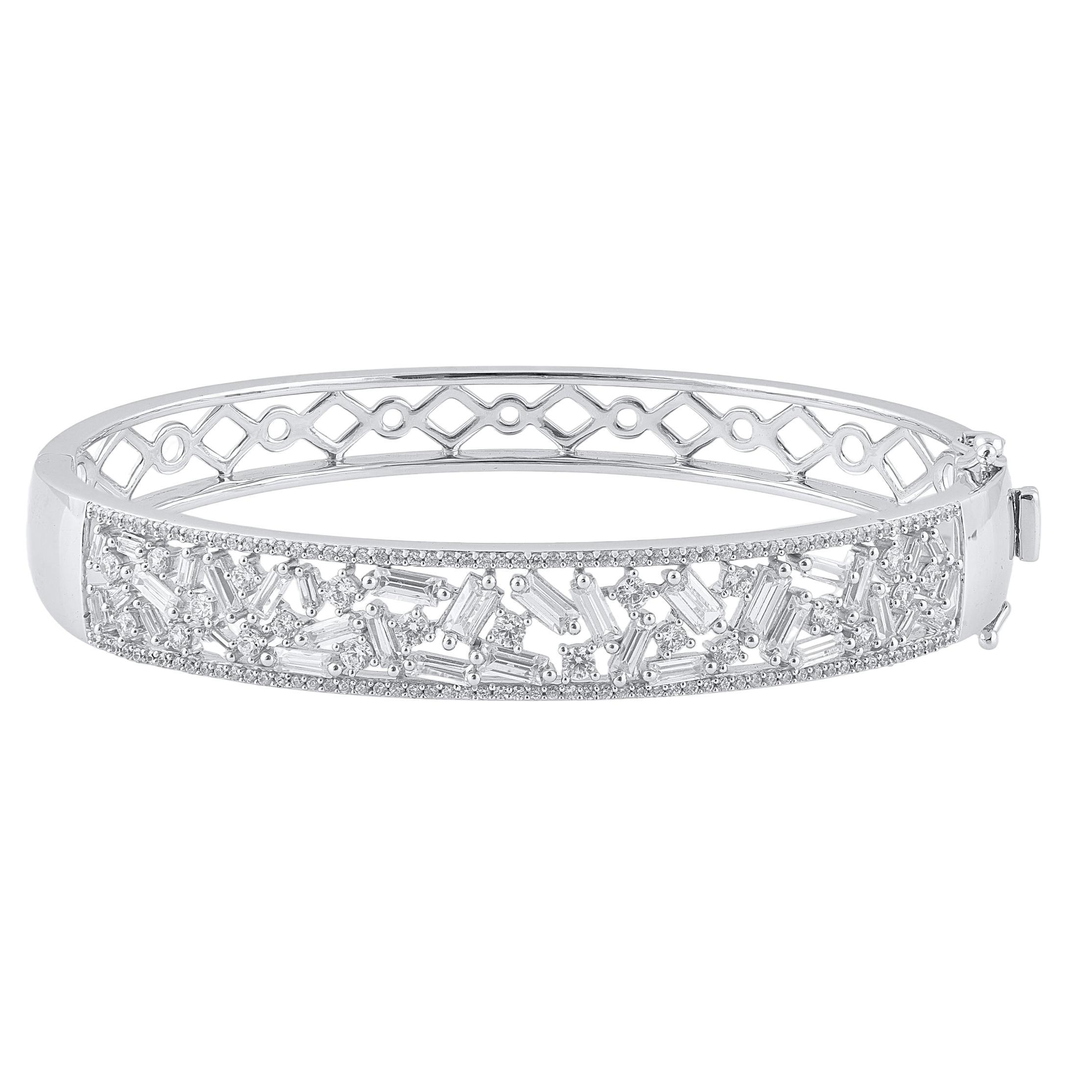TJD 2.50 Carat Round Baguette Cut Diamond Bangle Bracelet in 18KT White Gold