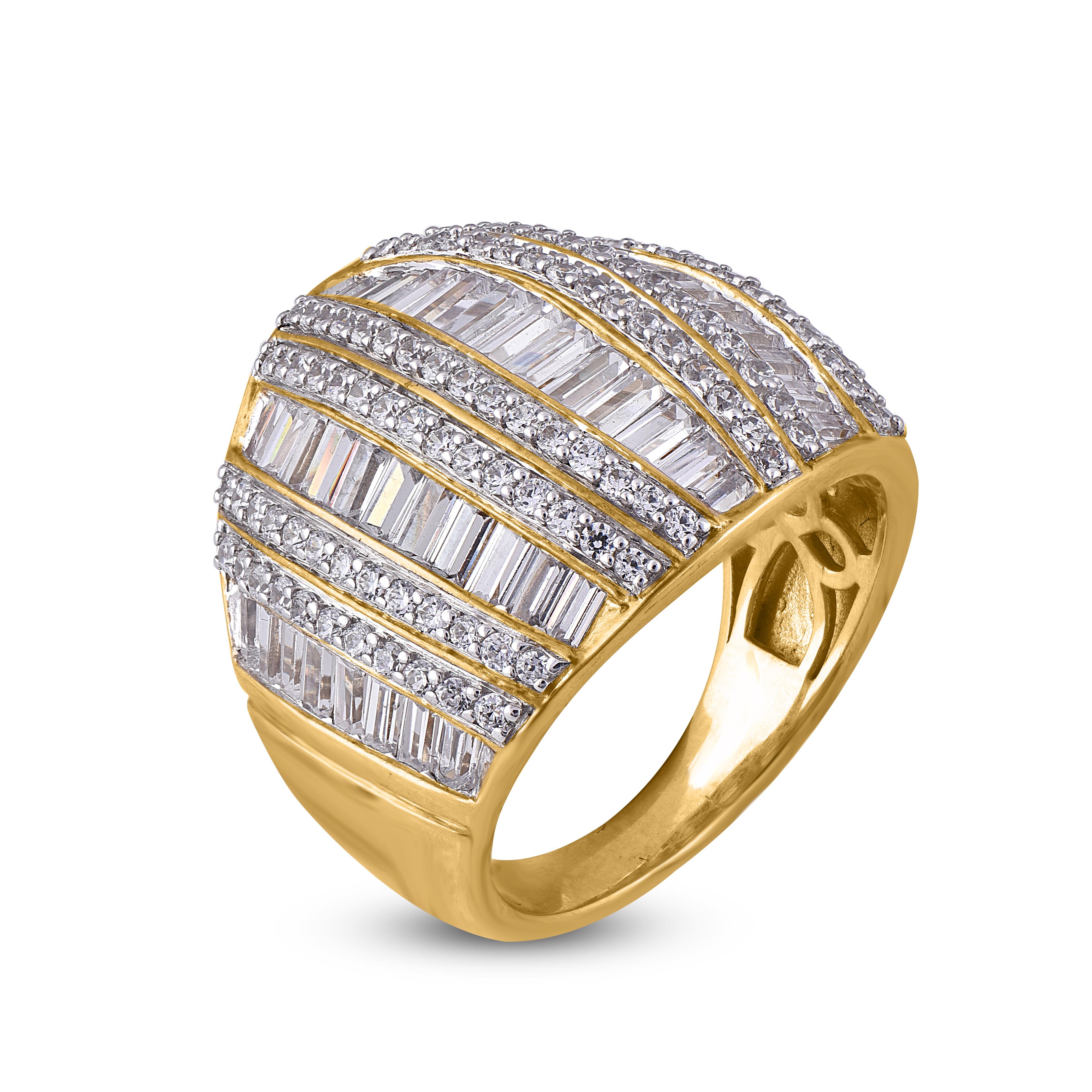 This Designer diamond wedding band ring is accentuated with 14 karat yellow gold with 110 round and 59 baguette diamond beautifully set in prong and channel setting. The total diamond weight is 2.50 Carat and H-I color I2 Clarity.
