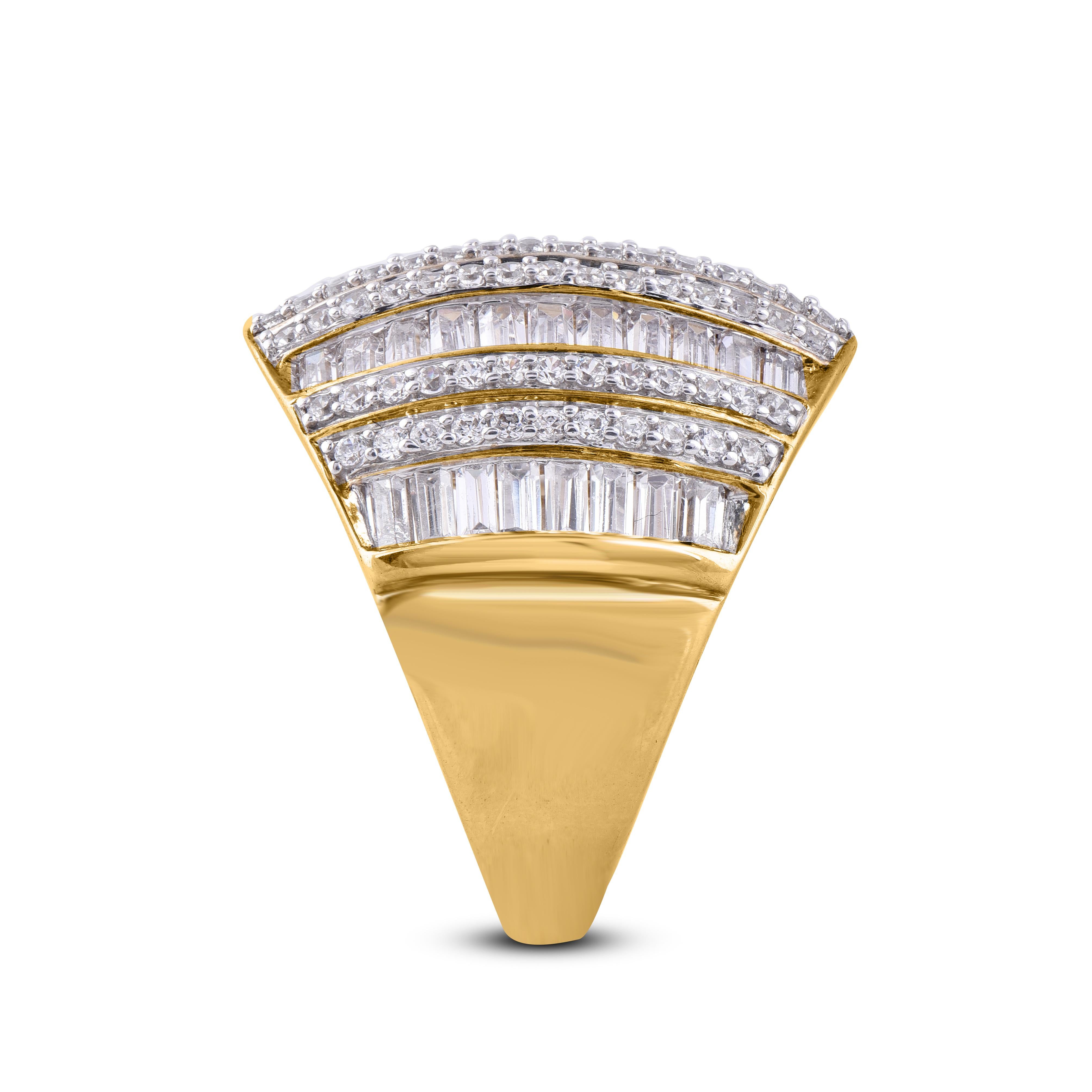 Taille baguette Bague designer en or jaune 14 carats avec diamants ronds et baguettes de 2,50 carats TJD en vente