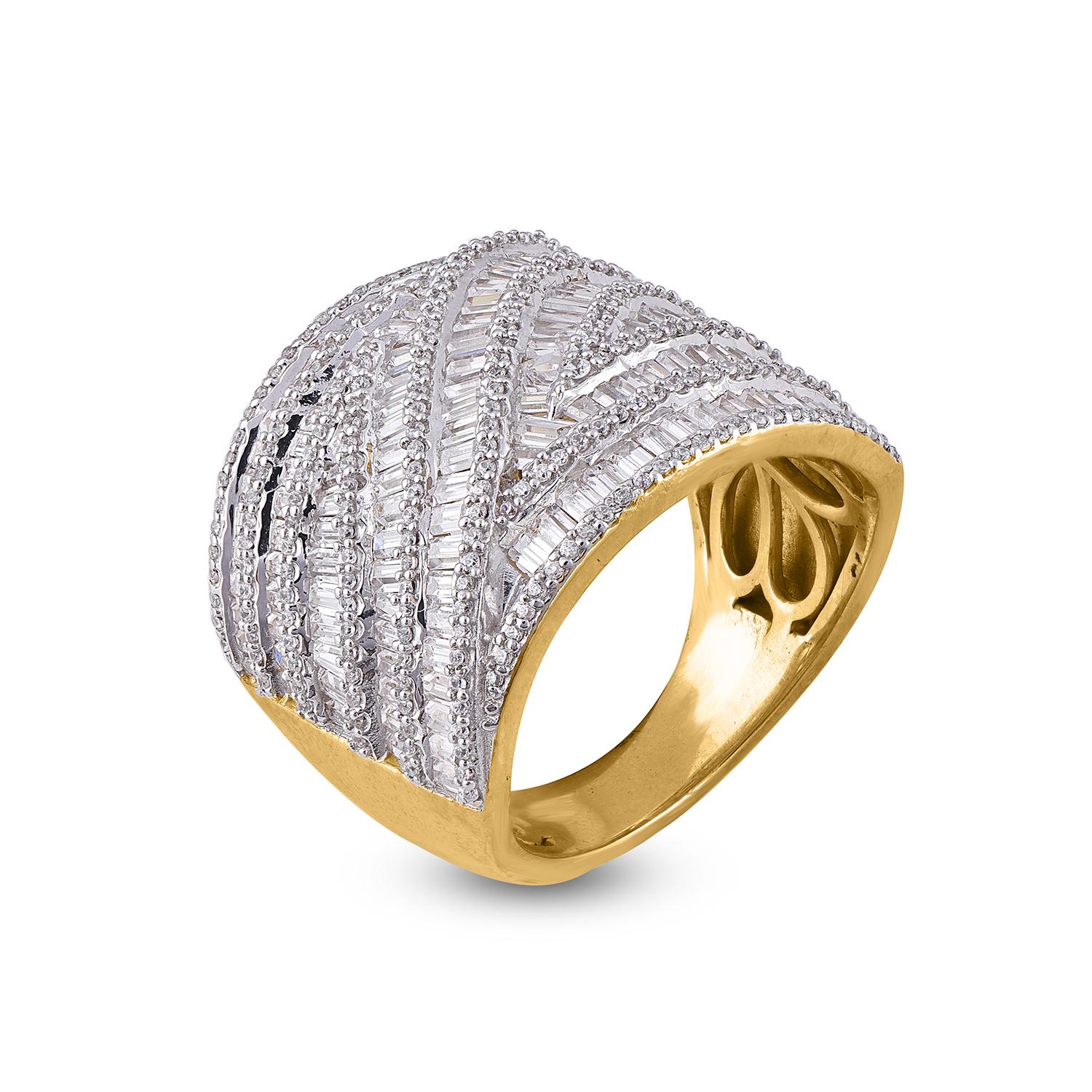 Elegant and Glamorous, this multi row wedding band ring is perfect for your evening ensemble. The ring is crafted from 14 karat gold in your choice of white, rose, or yellow, and features 242 round and 139 Baguette cut diamond set in prong and