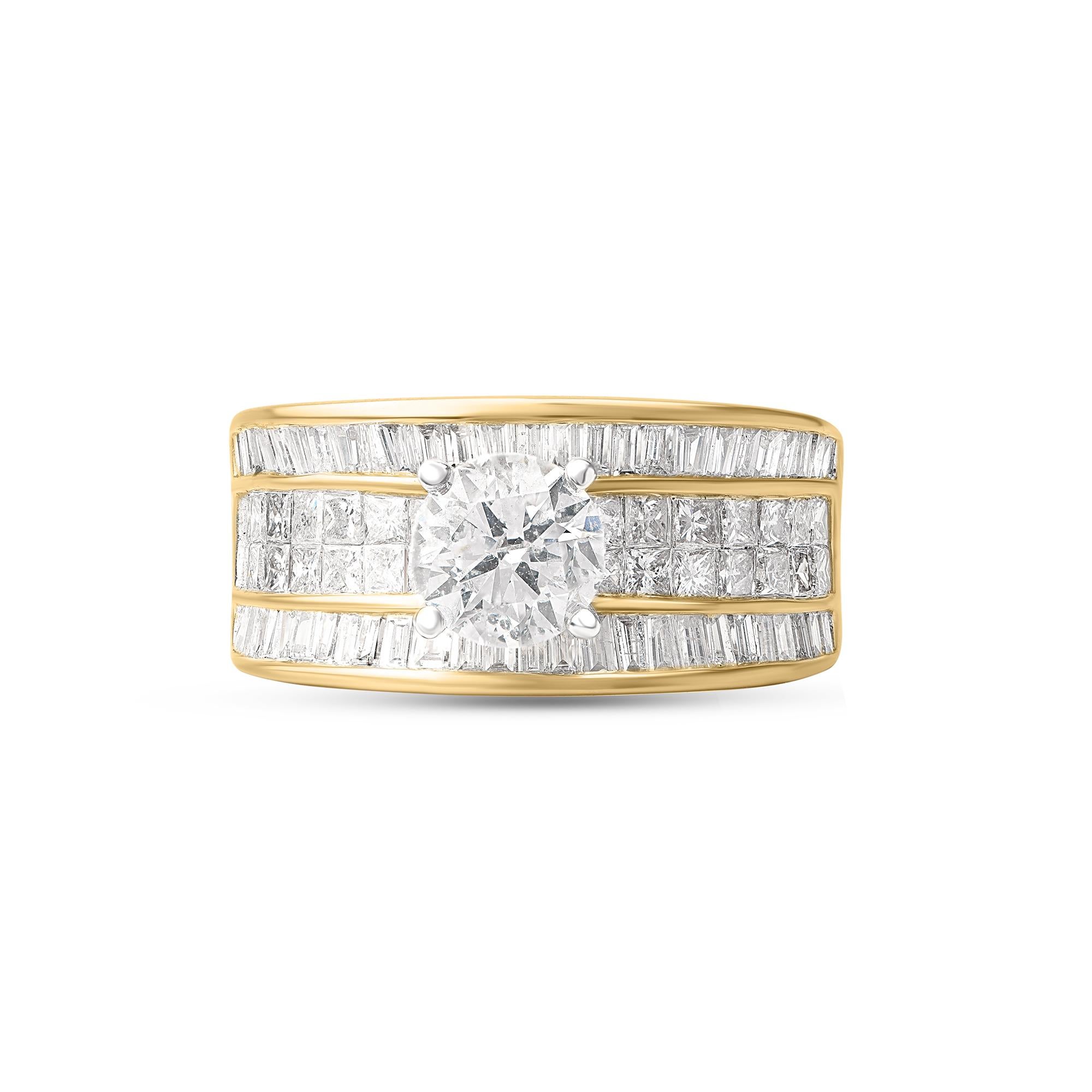 Featuring one brilliant cut center stone, 48 baguette and 28 princess-cut diamonds elegantly set in invisible and channel setting - created by our in-house experts in 18-karat yellow gold. Diamonds are graded H-I Color, I1 Clarity.

Metal color and