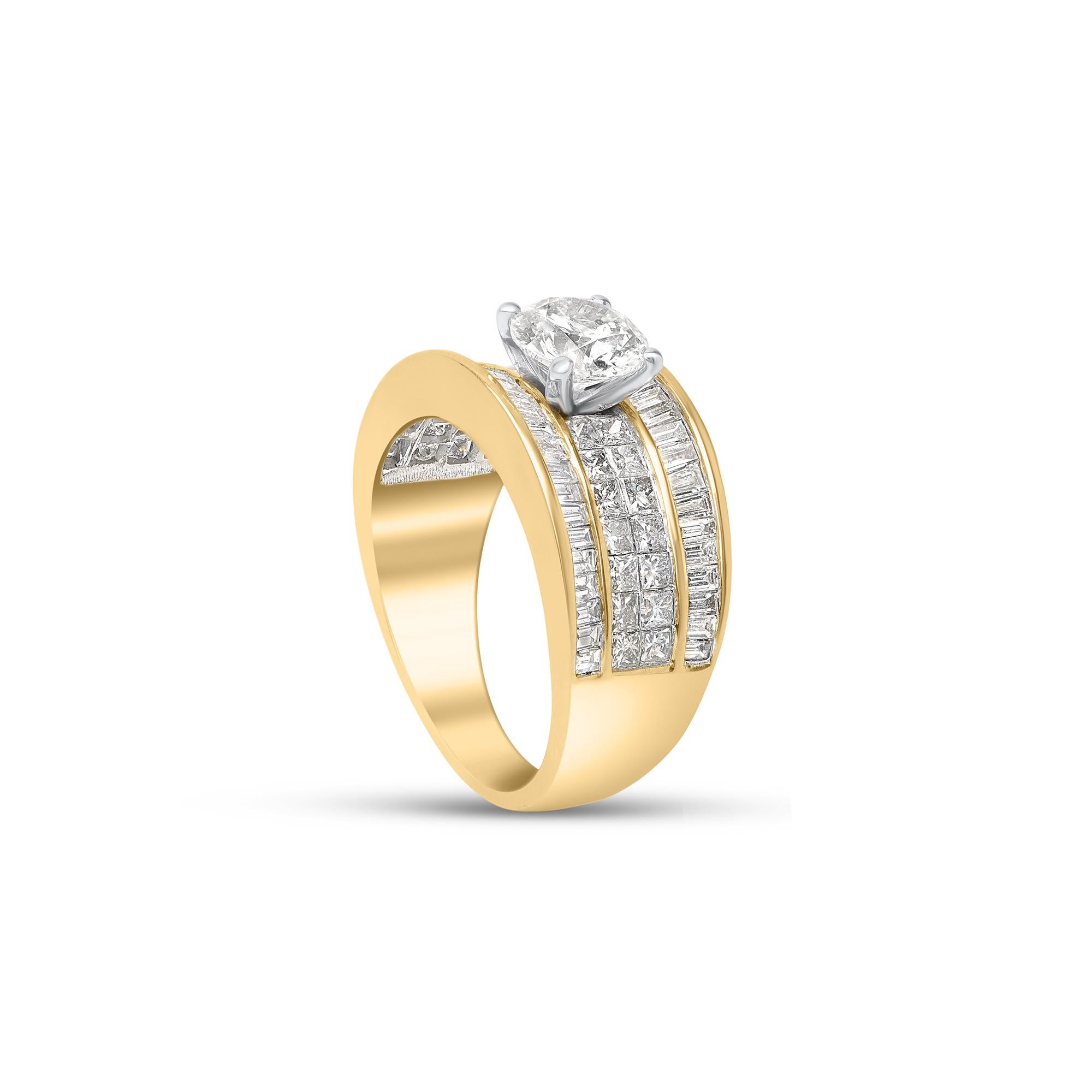 Modern TJD 2.50 CT Round, Princess and Baguette Diamond 18KT Yellow Gold Multi Row Ring For Sale