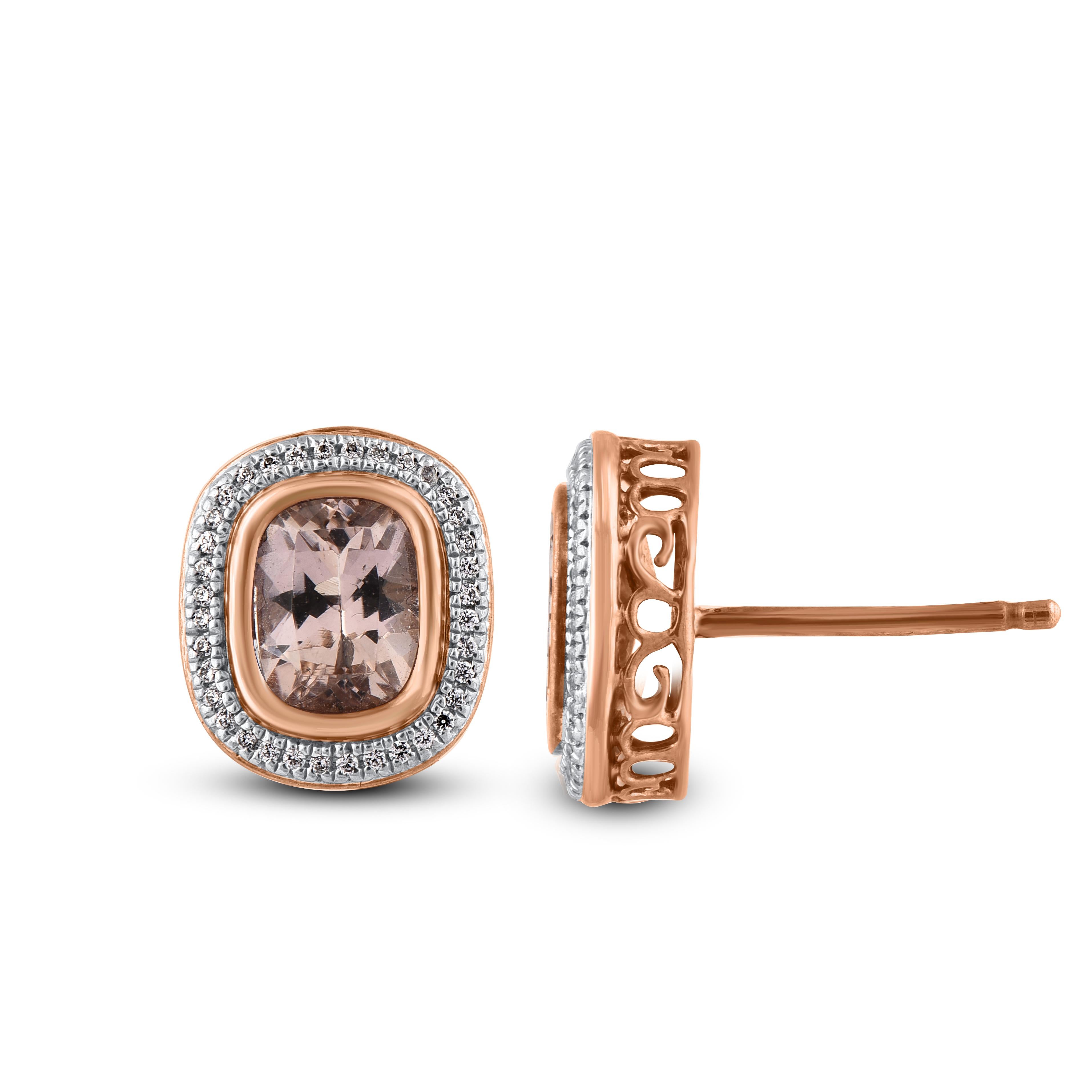 These morganite and diamond stud earrings are perfect for everyday wear. Handcrafted by our experts in 14 karat rose gold and studded with 72 round single cut and 2 cushion morganite in prong setting, glitters in H-I color, I2 clarity. Captivates in