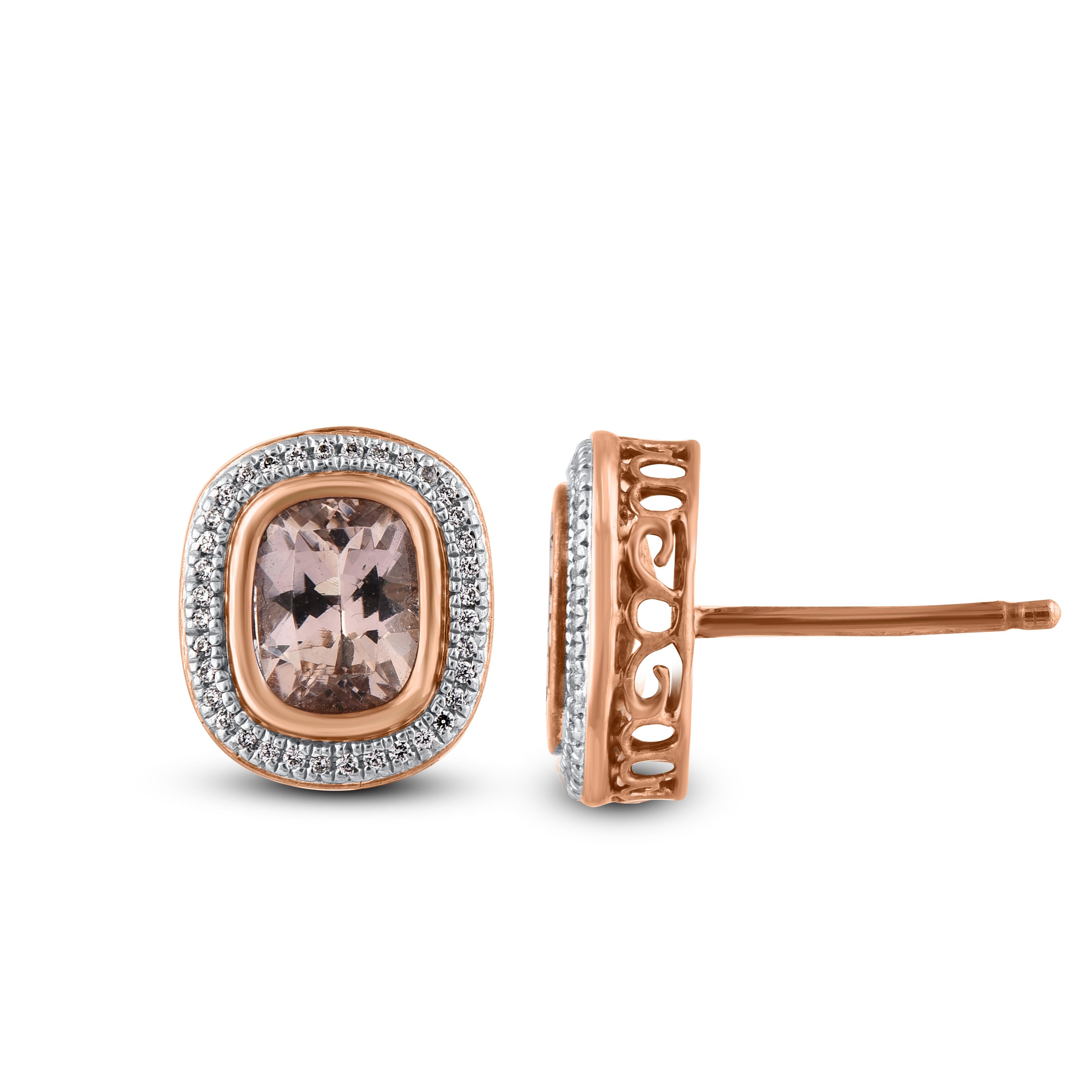 Ces boucles d'oreilles en morganite et diamant sont parfaites pour une utilisation quotidienne. Fabriqué à la main par nos experts en or rose 14 carats et serti de 72 morganites rondes à taille unique et de 2 morganites coussin en serti clos, il