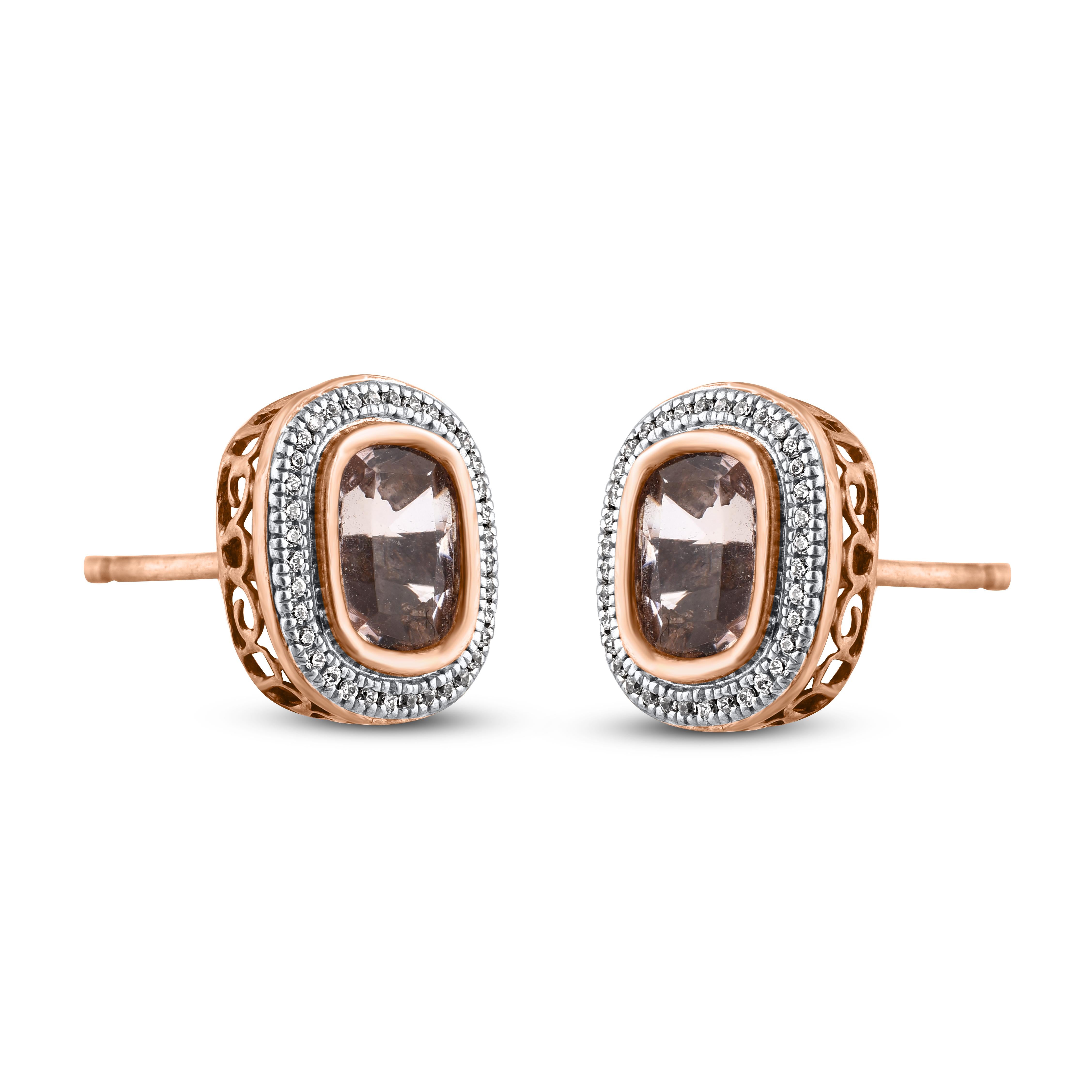 Contemporary TJD 2.65 Carat Cushion Cut Morganite and Diamond 14KT Gold Halo Stud Earrings For Sale
