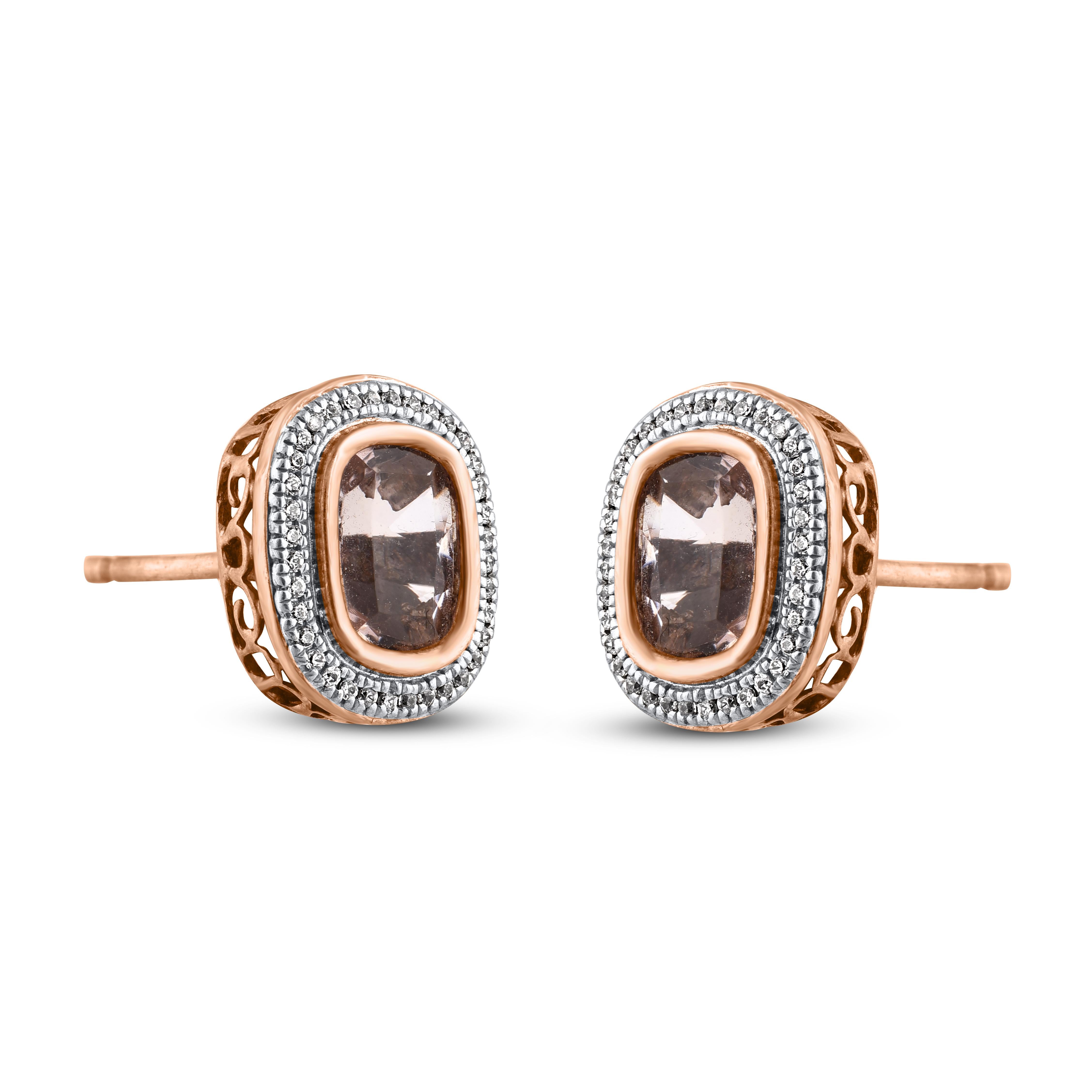 Art déco TJD - Boucles d'oreilles halo en or 14KT avec Morganite et diamant, taille coussin de 2,65 carats en vente