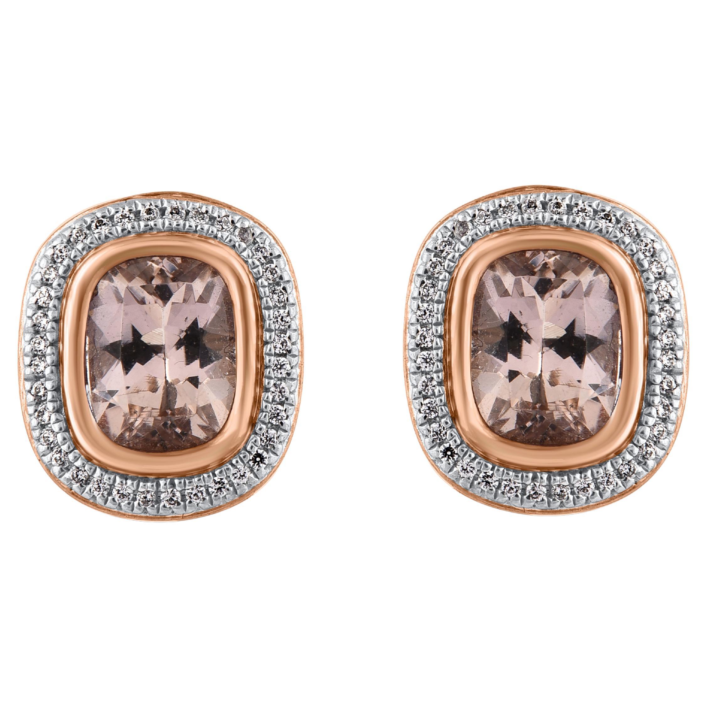 TJD 2.65 Carat Cushion Cut Morganite and Diamond 14KT Gold Halo Stud Earrings For Sale