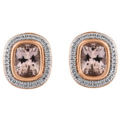 TJD 2.65 Carat Cushion Cut Morganite and Diamond 14KT Gold Halo Stud Earrings