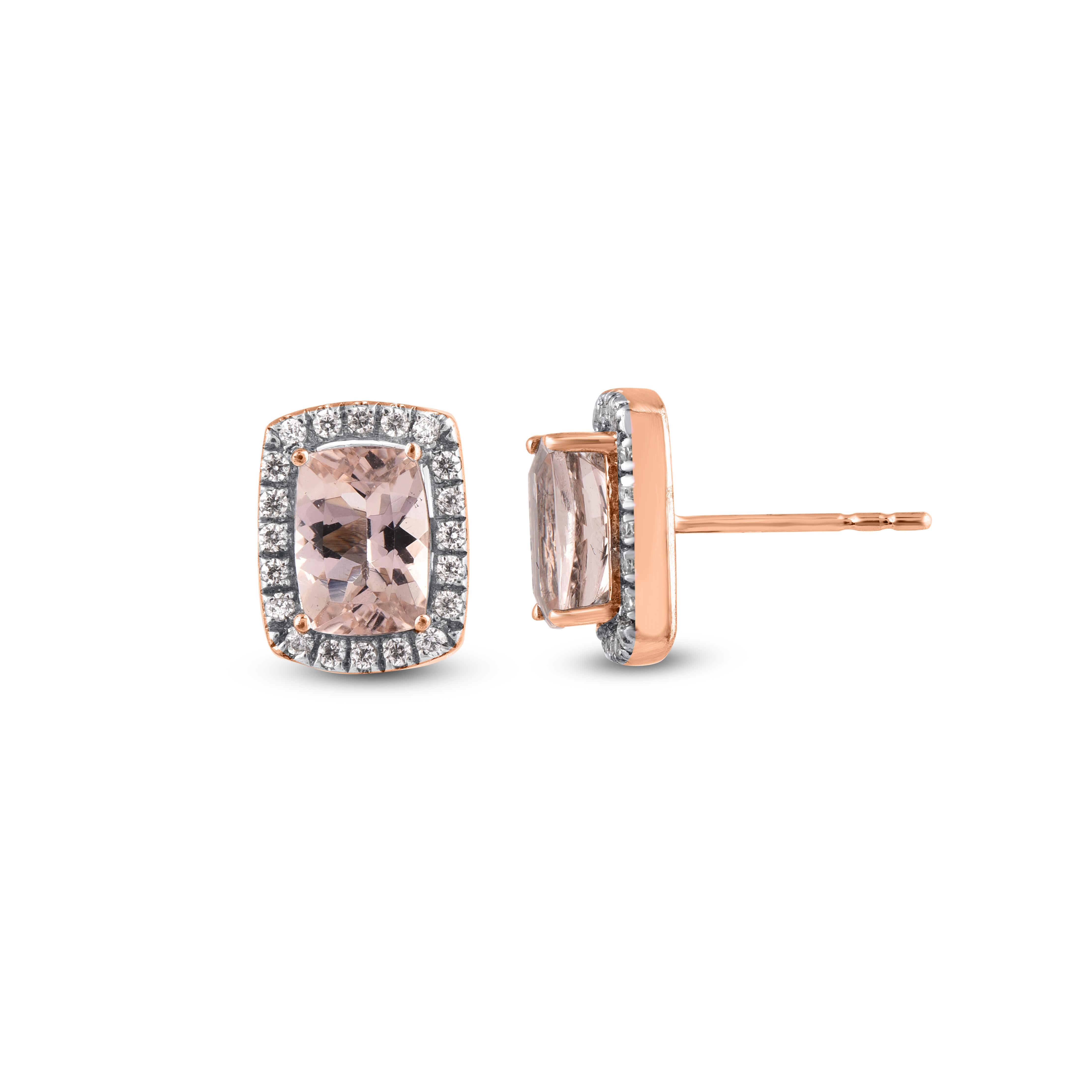 Just her style, these sparkling diamond stud earrings are certain to dazzle and delight. Handcrafted by our experts in 14 karat rose gold and studded with 40 round brilliant cut and 2 cushion cut morganite in pave and prong setting, glitters in H-I