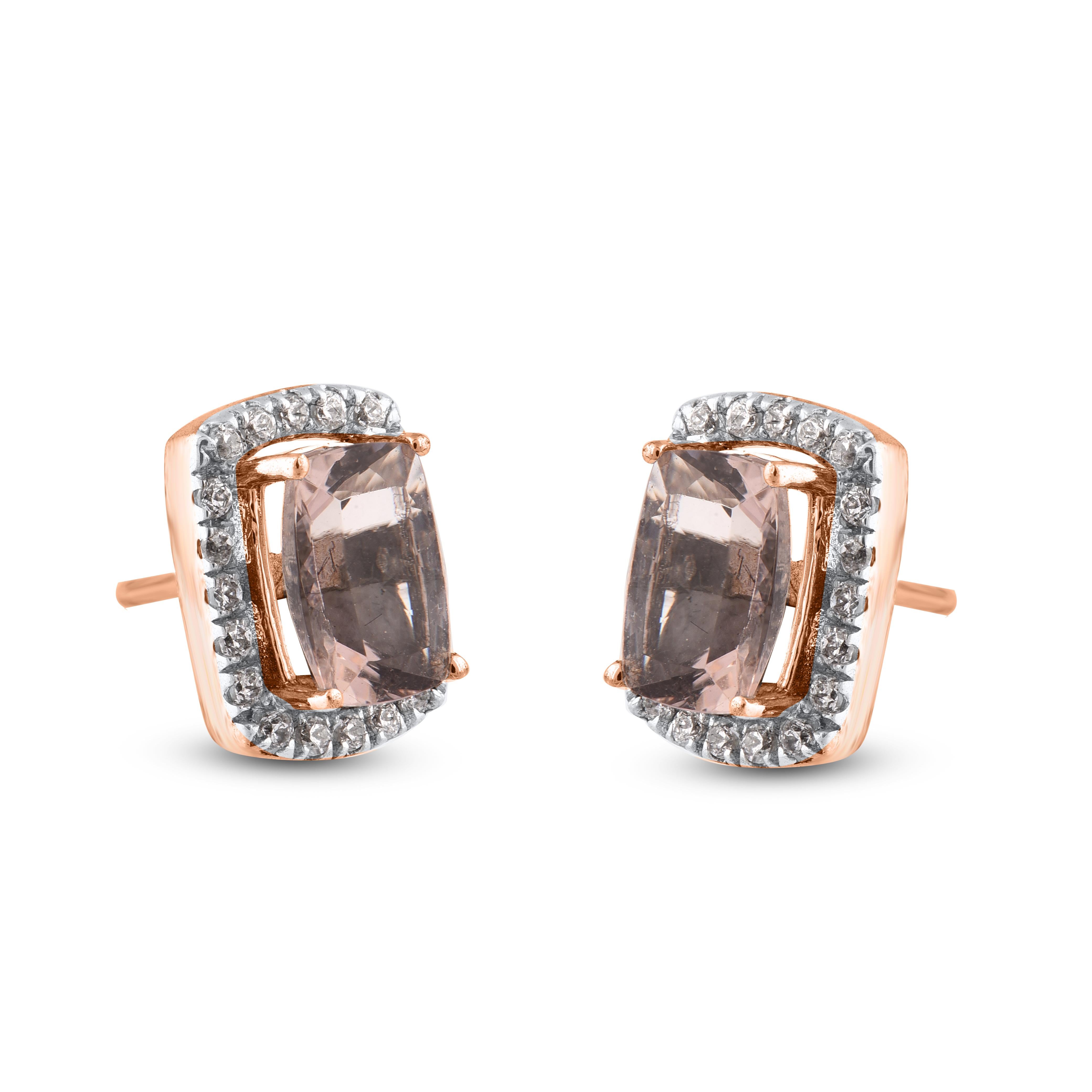 Contemporary TJD 2.75 Carat Cushion Cut Morganite & Diamond 14KT Rose Gold Halo Stud Earrings For Sale