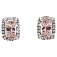 TJD - Boucles d'oreilles halo en or rose 14KT - Morganite 2,75 carats à taille coussin et diamant