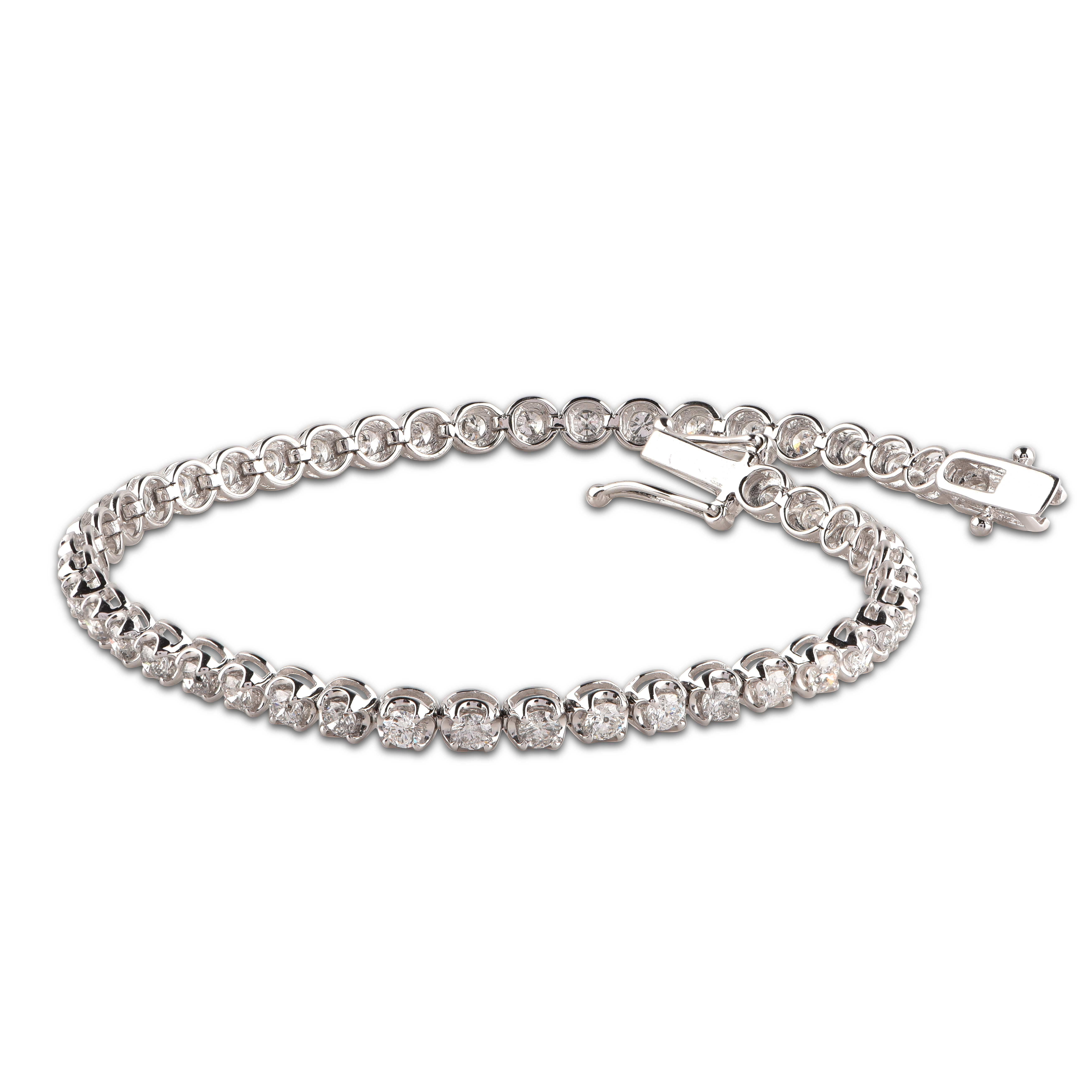 Round Cut TJD 2.96 Carat Diamond 14 Karat White Gold Diamond Classic Tennis Bracelet For Sale