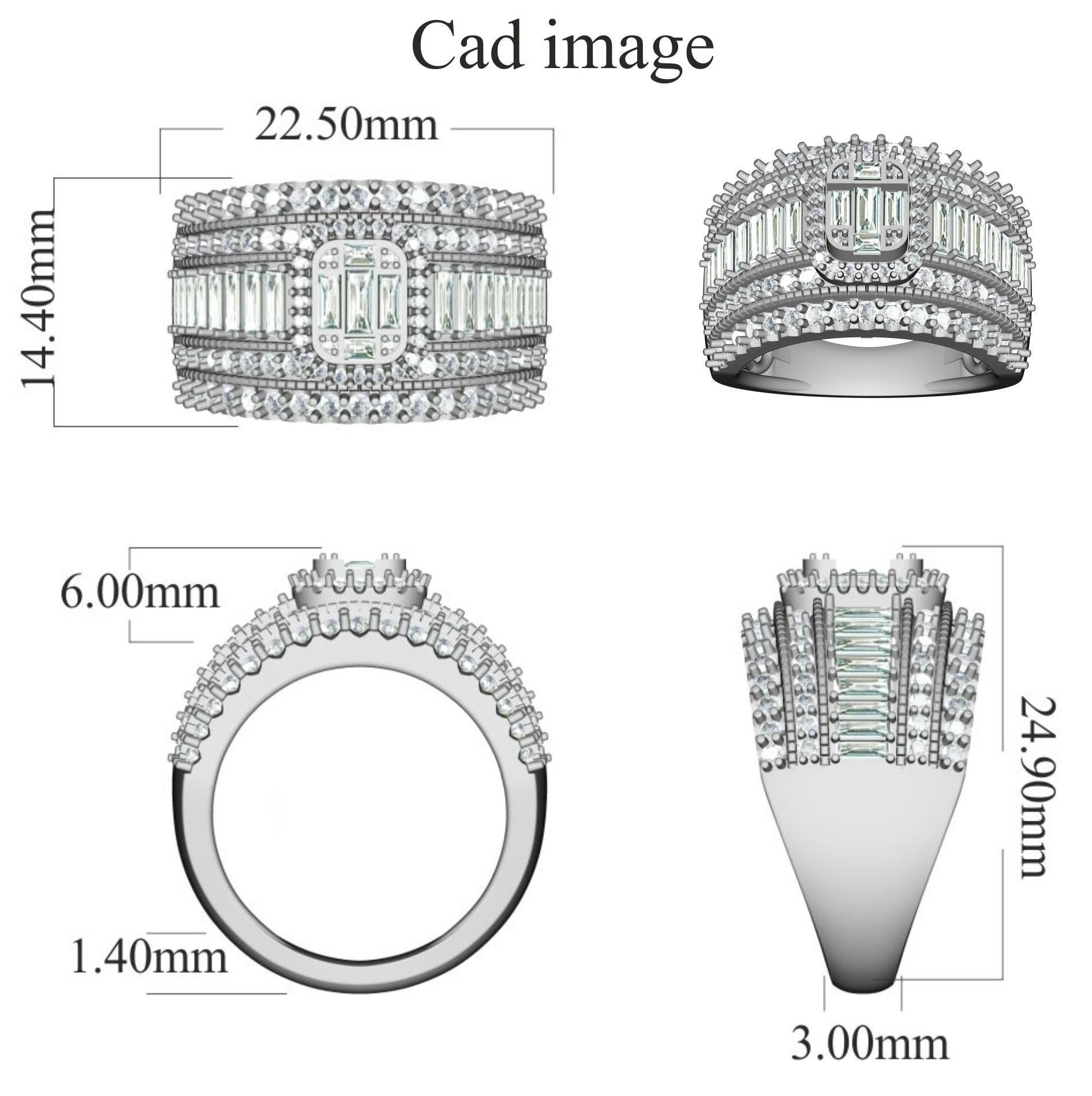 Why blend in when you can stand out with this beautiful diamond studded wedding band. The ring is crafted from 14-karat white gold and features 94 Round and 21 Baguette cut white diamonds, sets in Prong, Pave & Channel setting, H-I color I2 clarity