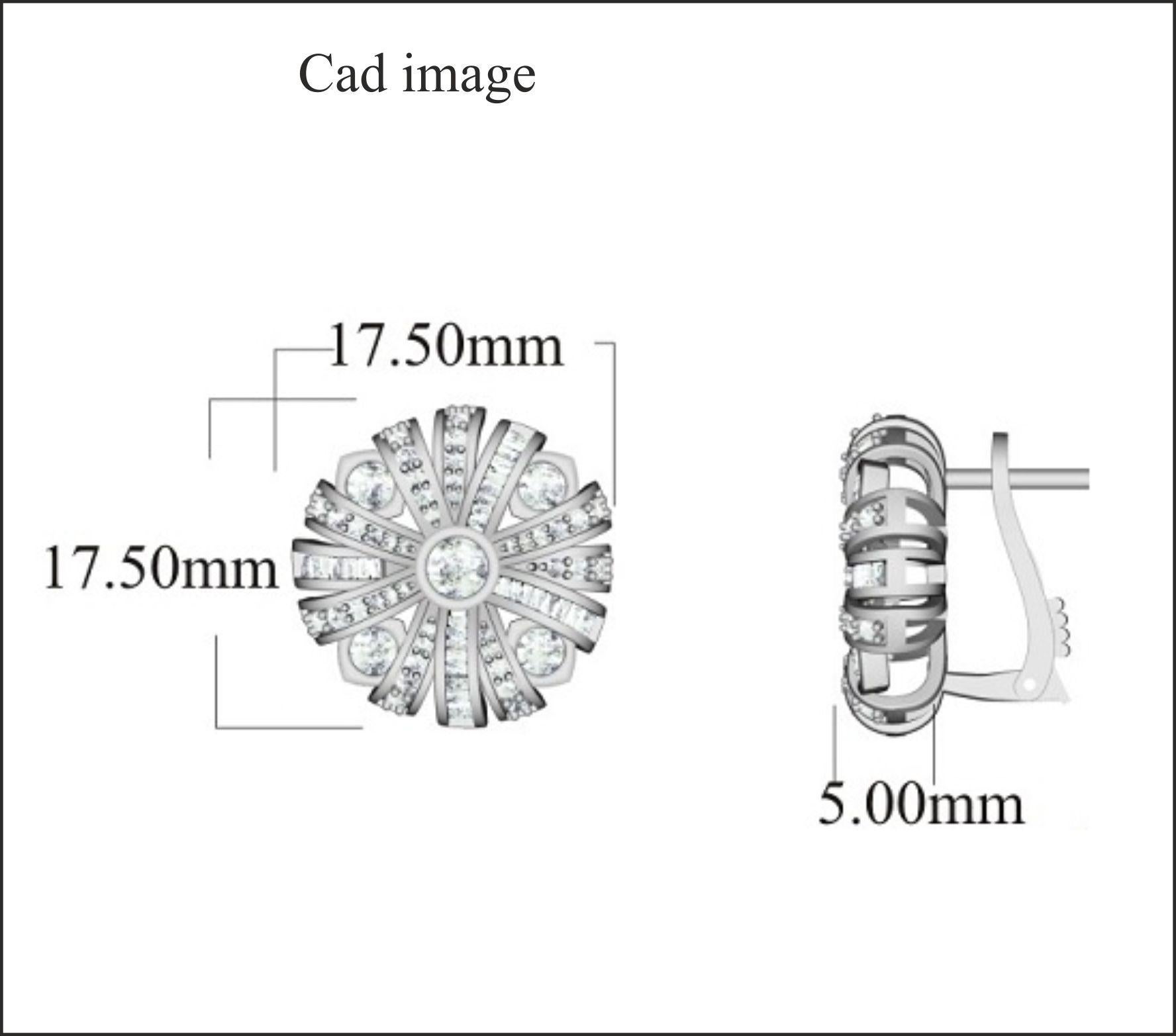 These exquisite design diamond floral stud earrings offer beauty equaled only to her own. These earrings feature 92 round and 68 baguette diamond set in pave, bezel and channel setting and fashioned in 14 Karat White Gold. These timeless stud