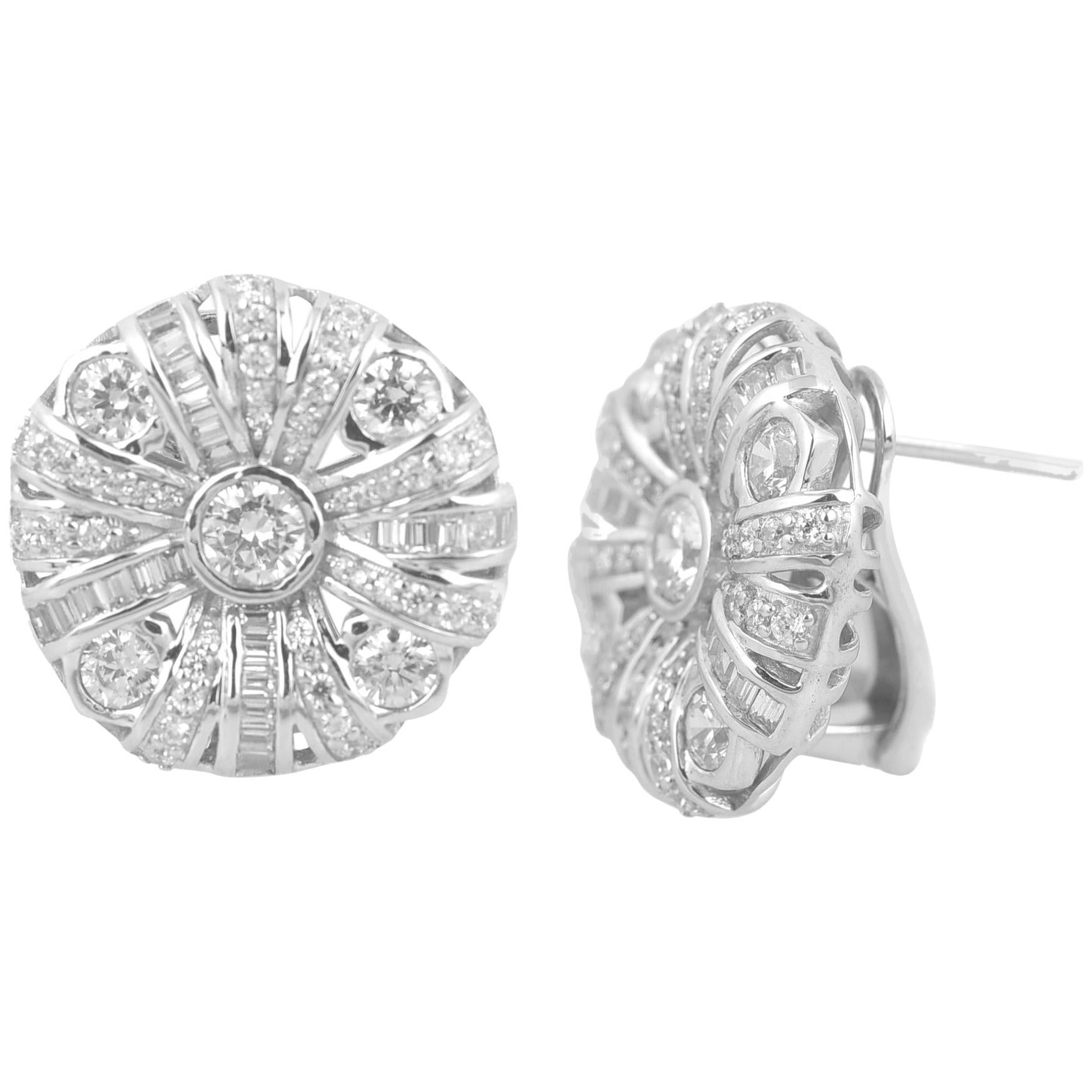 TJD 2Carat Round/Baguette Diamond 14K White Gold Designer Floral Stud Earrings For Sale