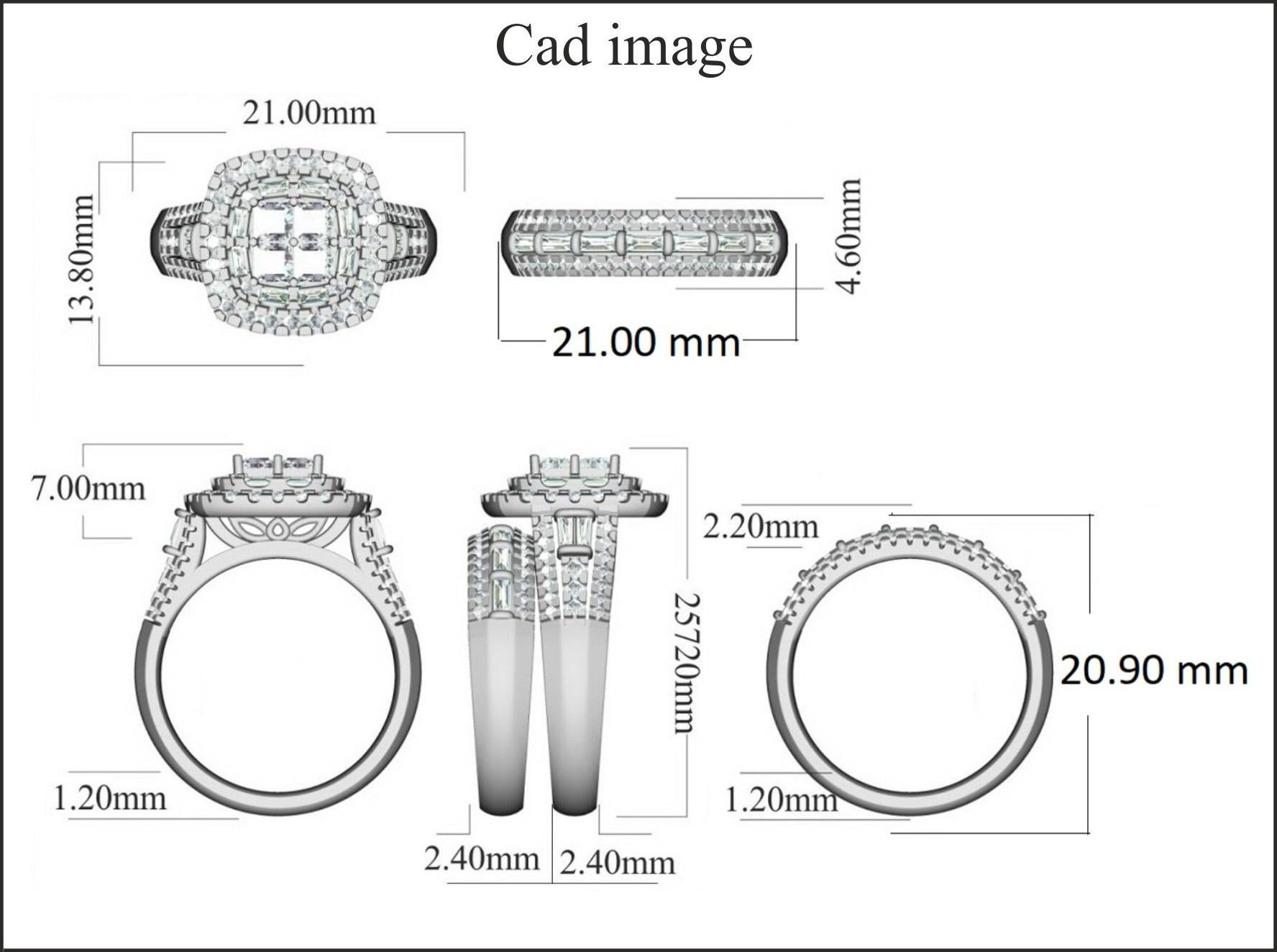 This Round Diamond Frame Bridal Set Ring is expertly crafted in 14 Karat White Gold and 2.0 Carat Diamond features 100 Round cut, 19 Baguette and 4 princess-cut White diamonds set in a beautiful design in stackable micro prong, channel and prong