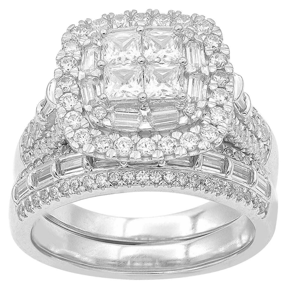 TJD Anillo de oro blanco de 14 quilates con diamantes redondos, baguette y talla princesa de 2 quilates