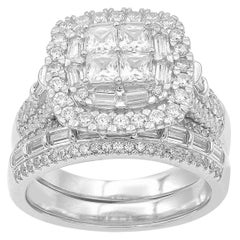 TJD Anillo de oro blanco de 14 quilates con diamantes redondos, baguette y talla princesa de 2 quilates