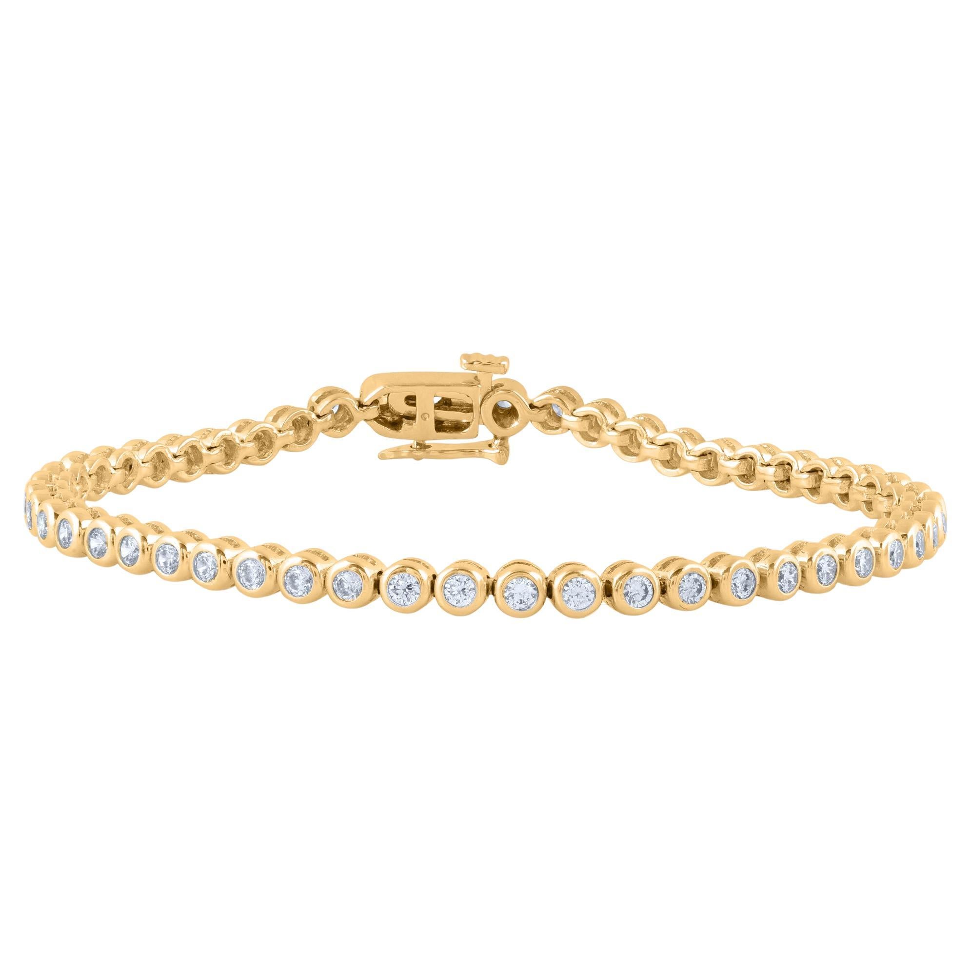 TJD Bracelet tennis en or jaune 14 carats avec diamants ronds de 2 carats sertis en serti clos en vente